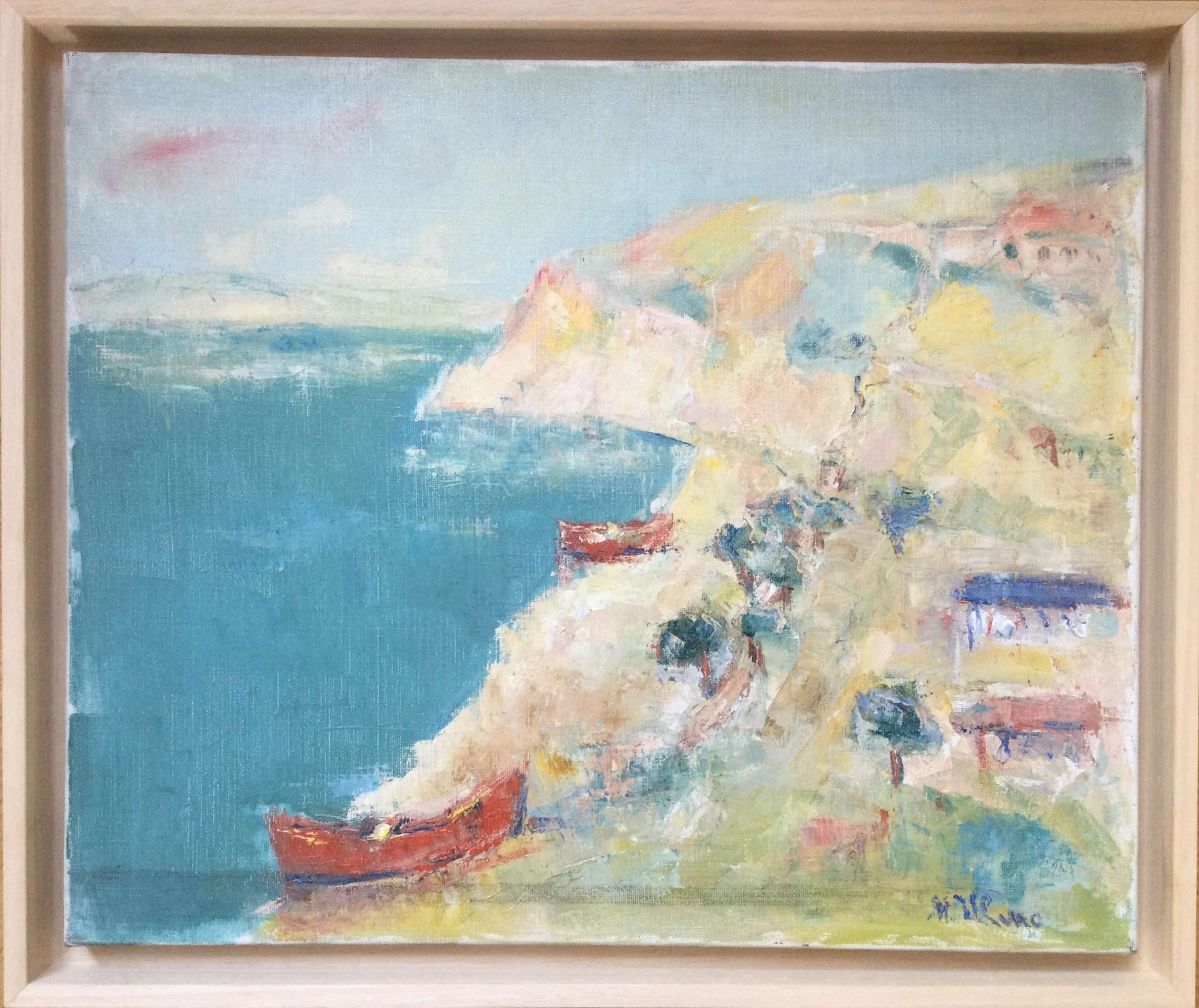 Matilda ULMU - Falaises aux barques rouges ,vers 1980 - Huile sur toile signėe
