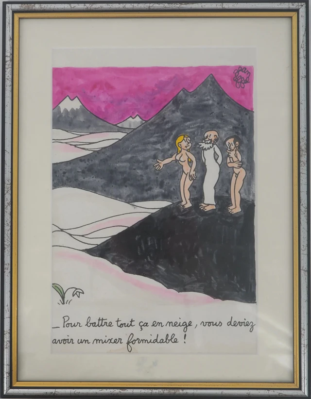 Jean EFFEL - Adam et Eve découvrent la neige - Aquarelle originale Signée