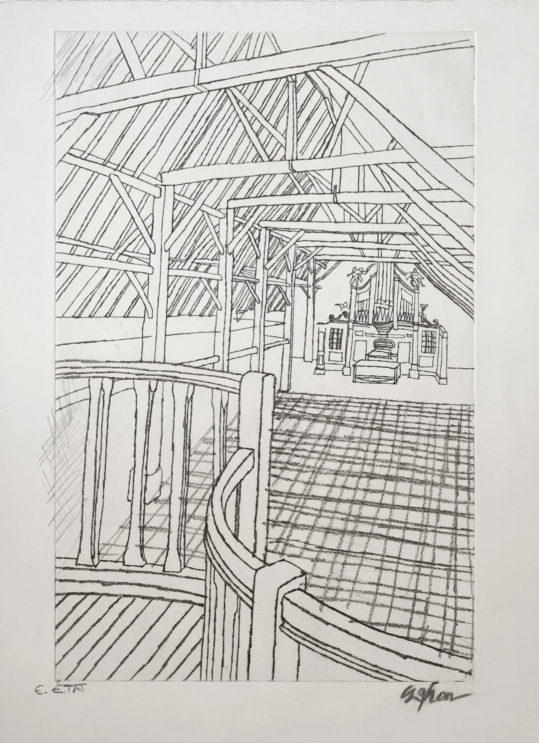 Sam Szafran, L’orgue, eau-forte rare, épreuve d’état annotée, 1975