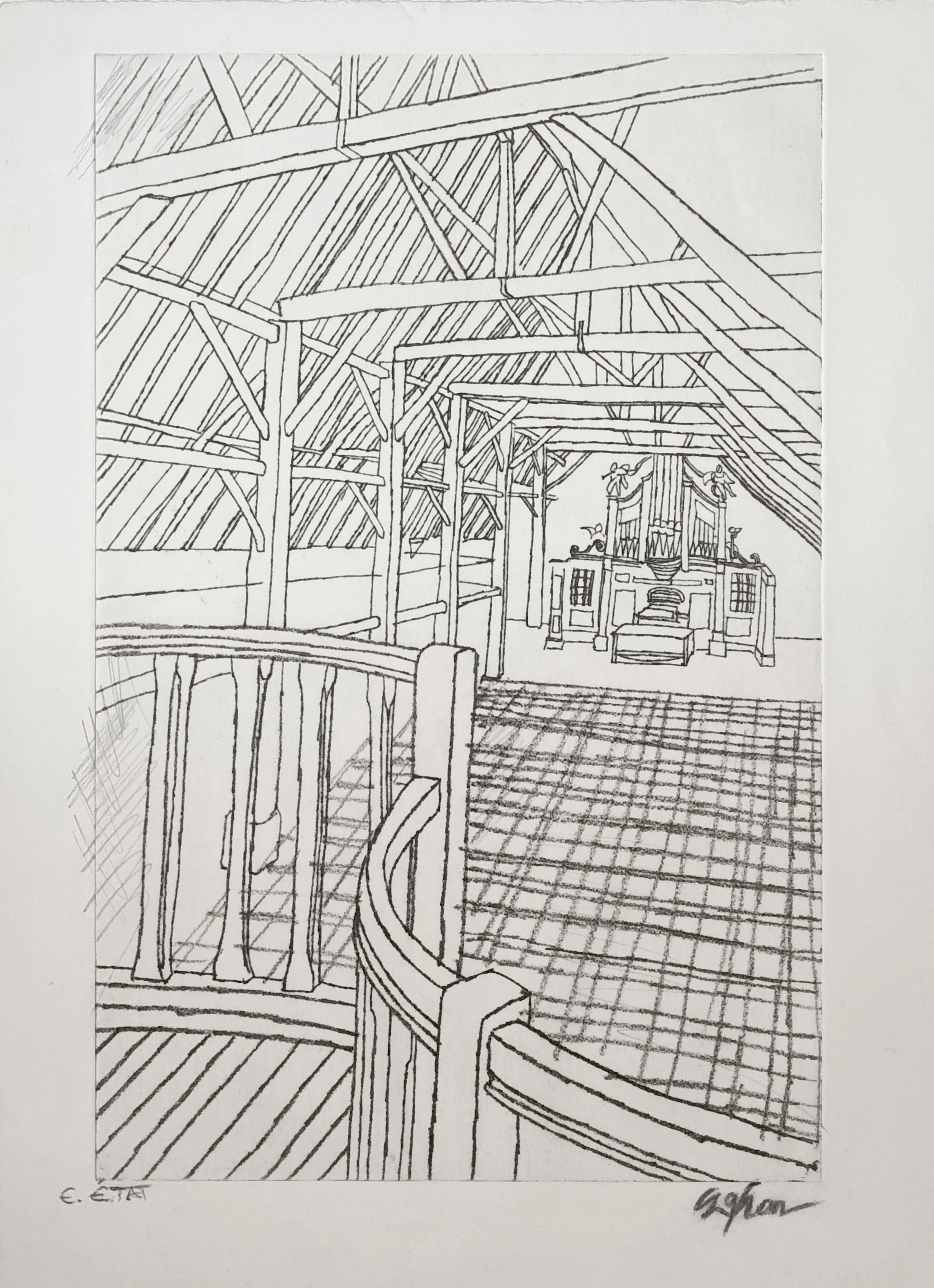 Sam Szafran, L’orgue, eau-forte rare, épreuve d’état annotée, 1975