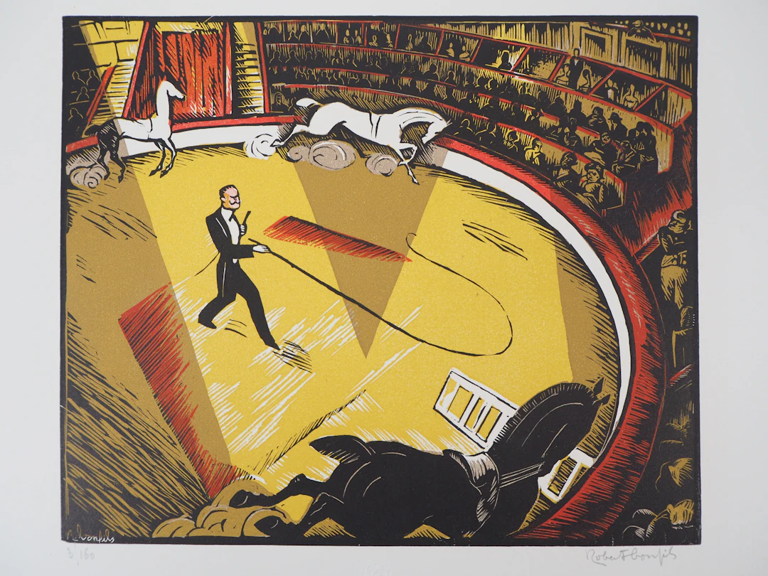 Robert BONFILS : Au Cirque, 1927 - Bois gravé original signé