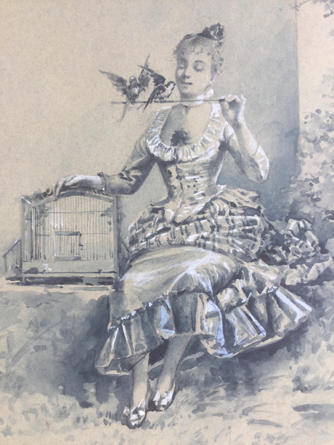 Eugène GRIVAZ - Élégante aux oiseaux , vers 1890 - Lavis réhaussé signé