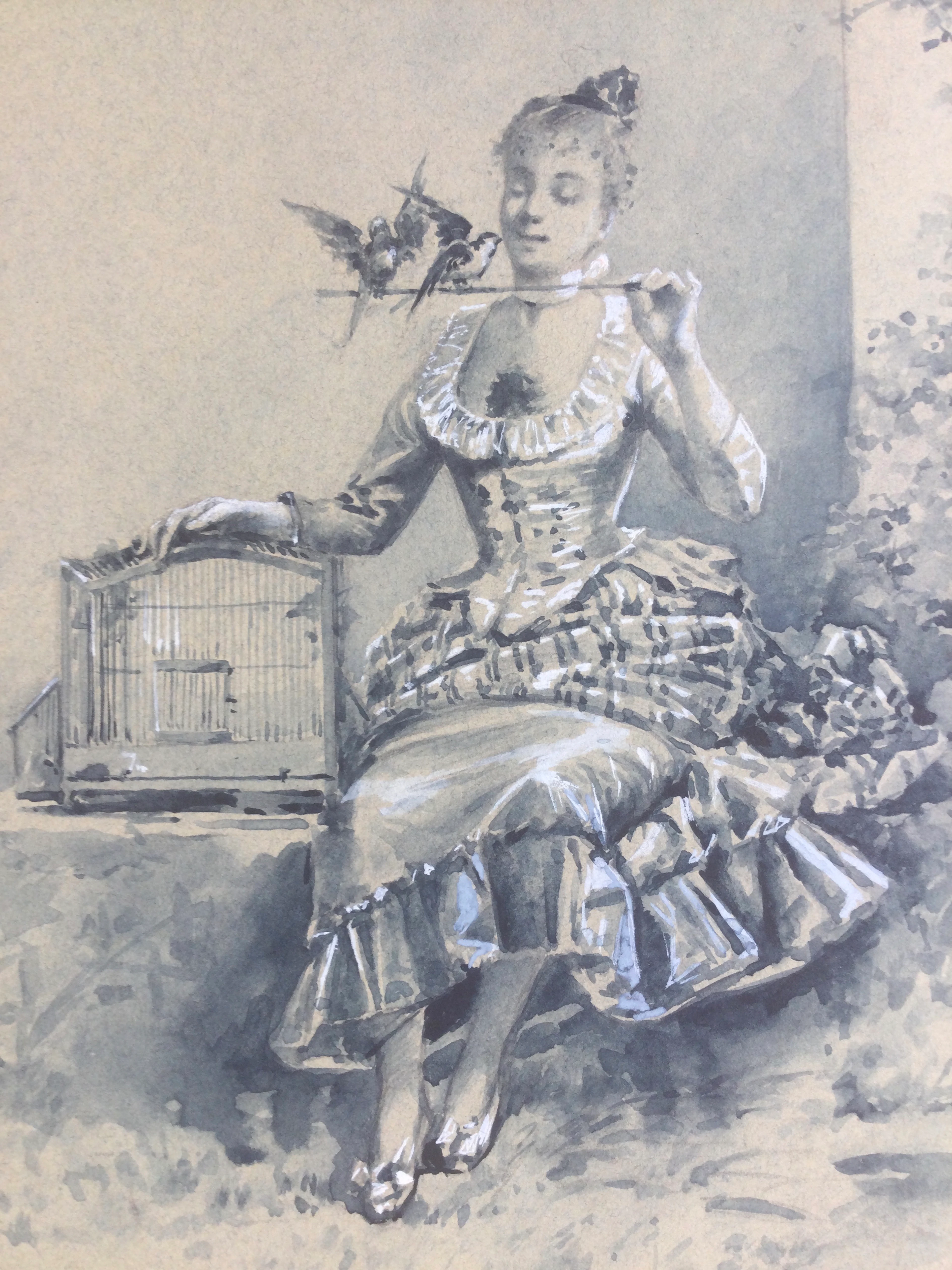 Eugène GRIVAZ - Élégante aux oiseaux , vers 1890 - Lavis réhaussé signé