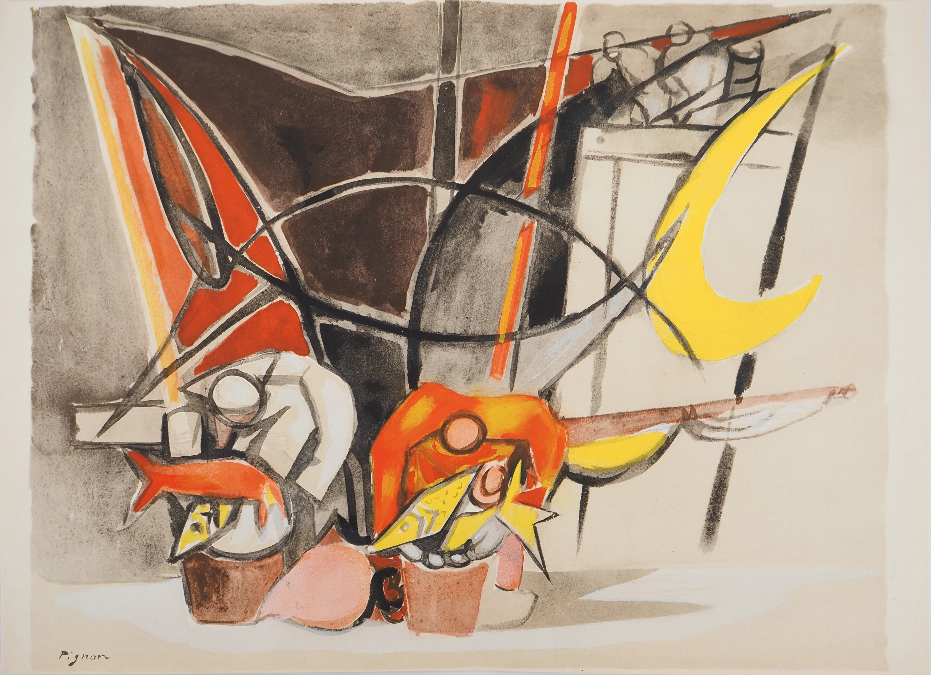 Edouard PIGNON : Belgique, le marché aux poissons d’Ostende, Lithographie