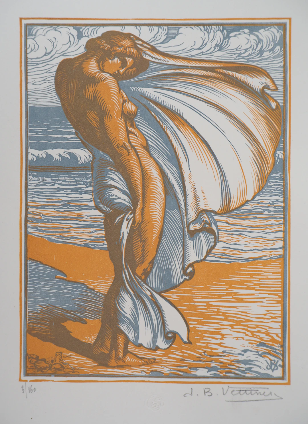 Jean Baptiste VETTINER : Sur la plage, 1928 - Bois gravé original signé