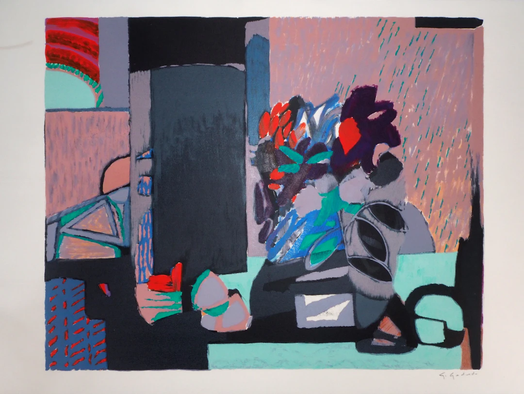 Gabriel GODARD : Nature morte au bouquet multicolore - Lithographie