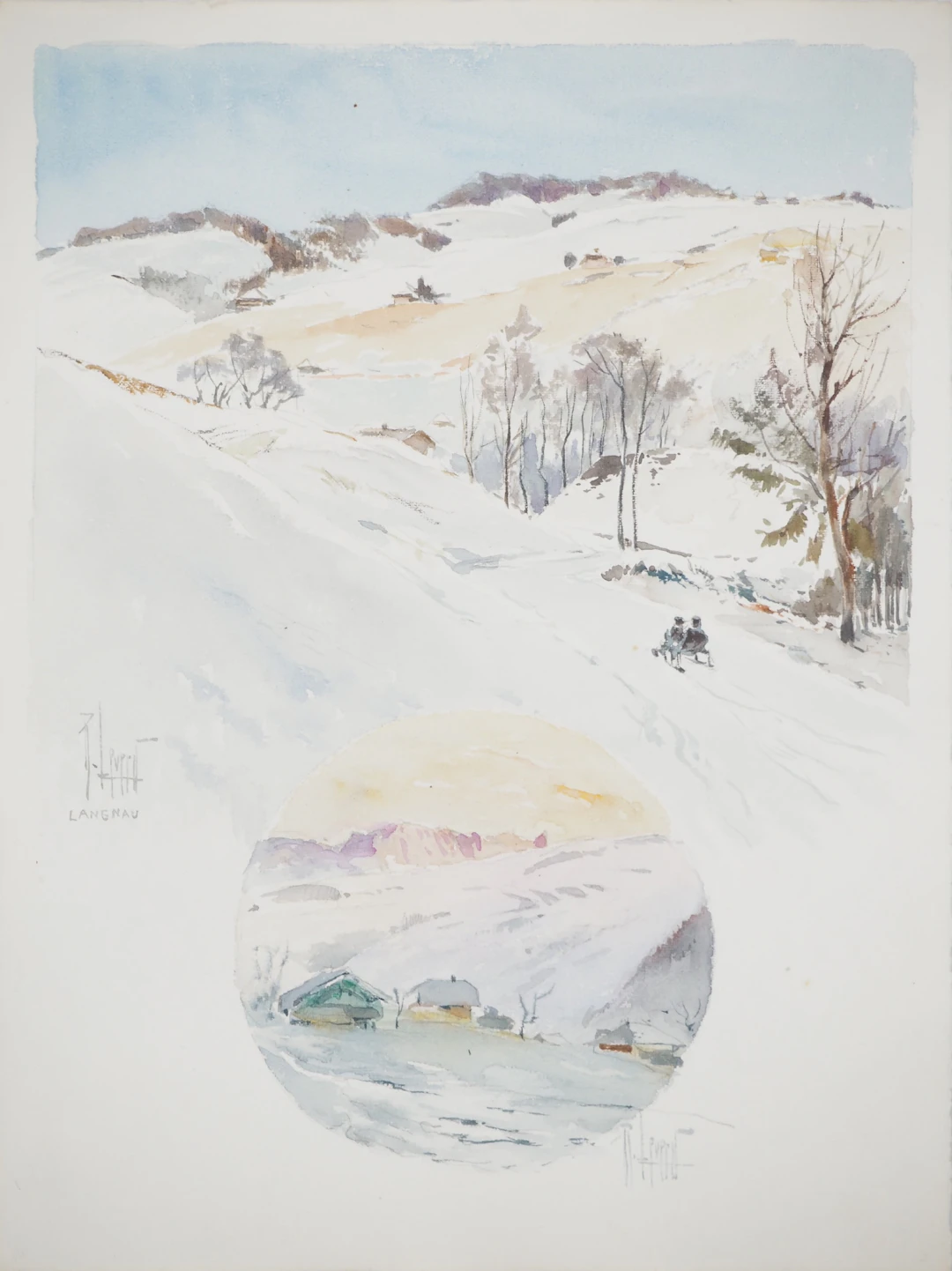 René LEVERD : Suisse, Luge au soleil couchant à Lagnau, Aquarelle