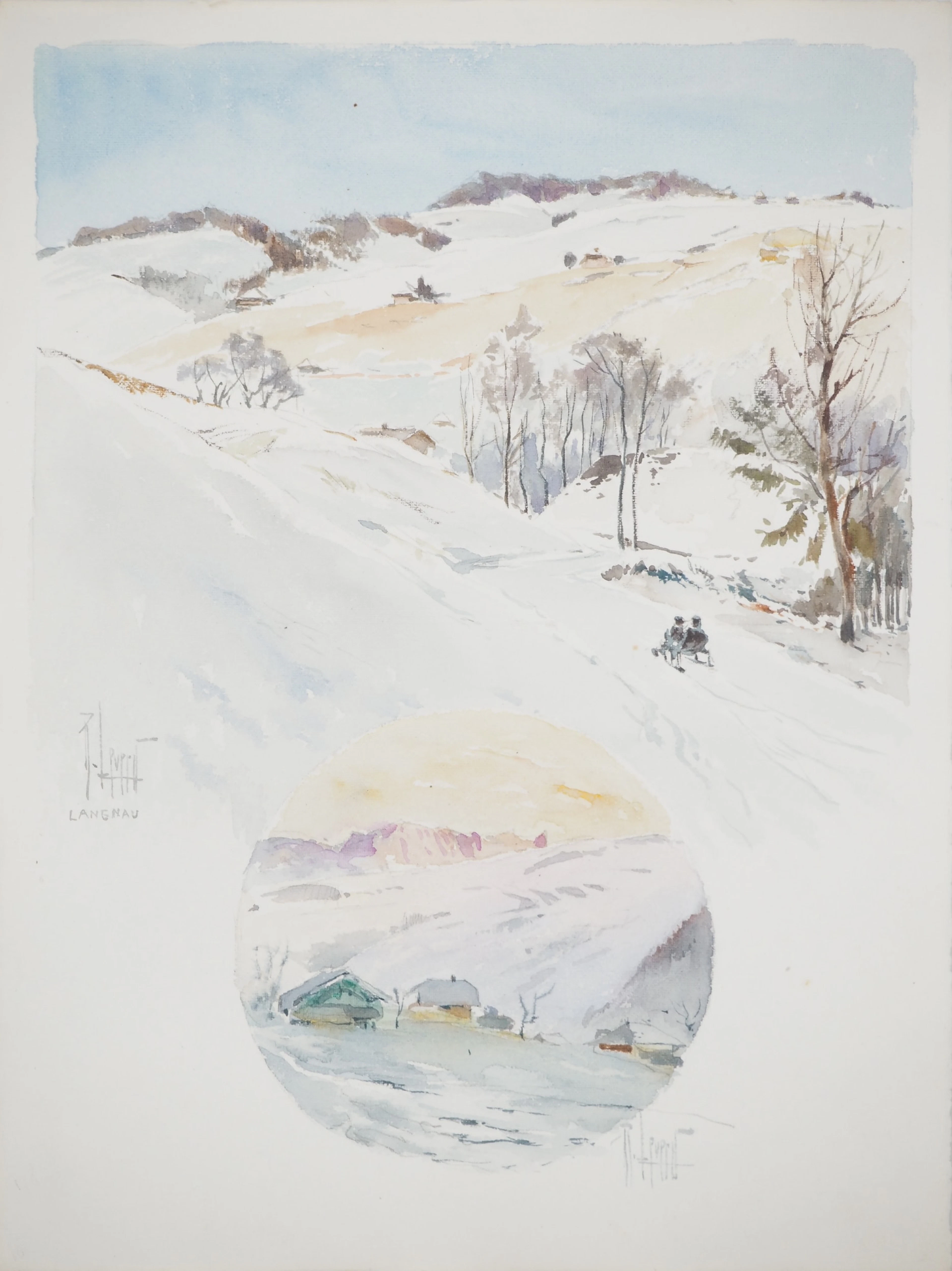 René LEVERD : Suisse, Luge au soleil couchant à Lagnau, Aquarelle