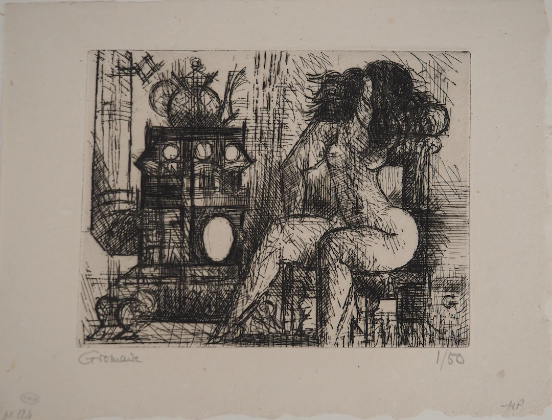 Marcel GROMAIRE : Nu à la cheminée, Gravure originale signée
