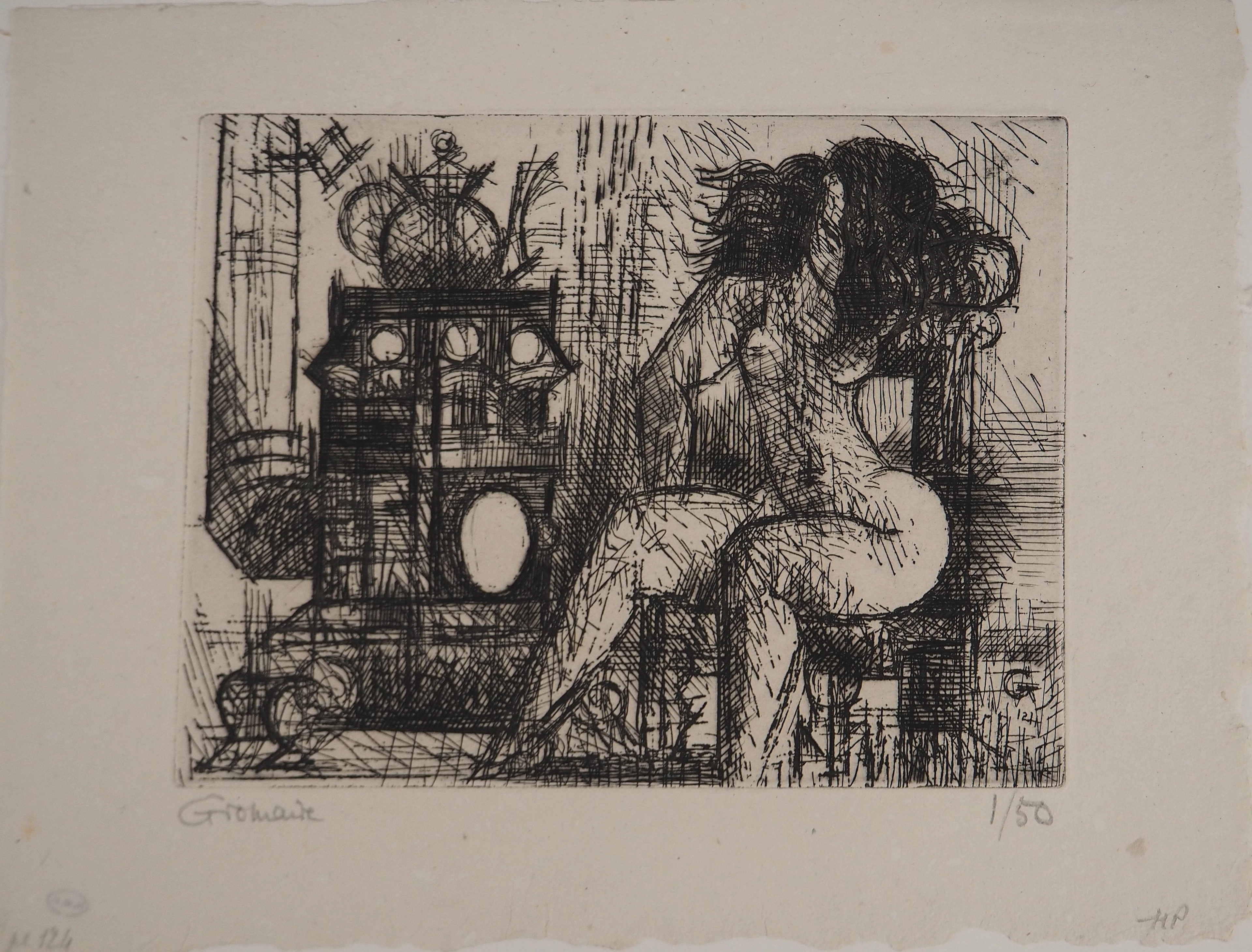 Marcel GROMAIRE : Nu à la cheminée, Gravure originale signée