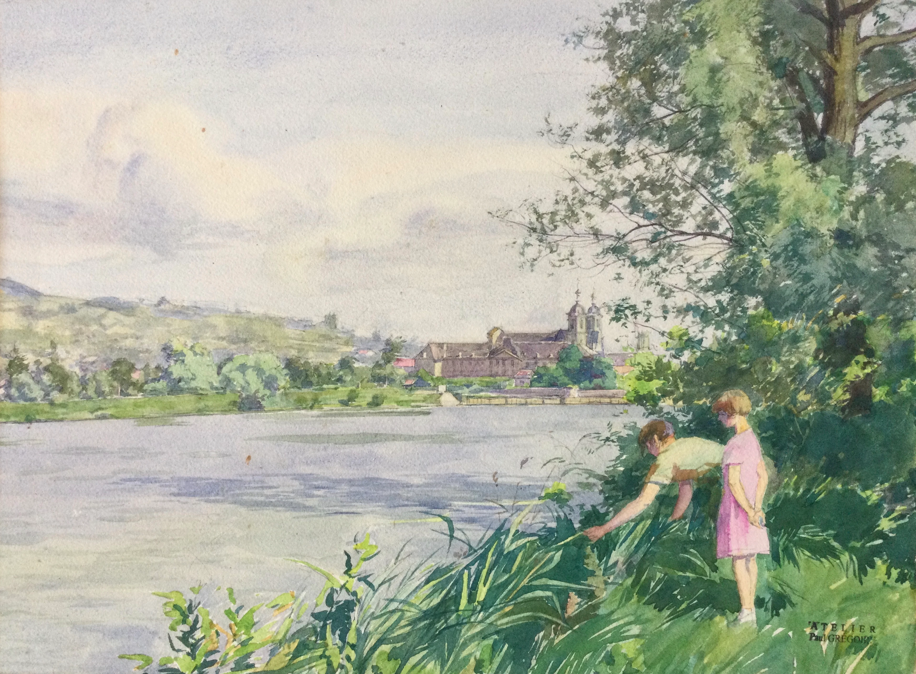Paul GRÉGOIRE - Au bord de la Moselle,Abbaye des Prémontrés - Aquarelle
