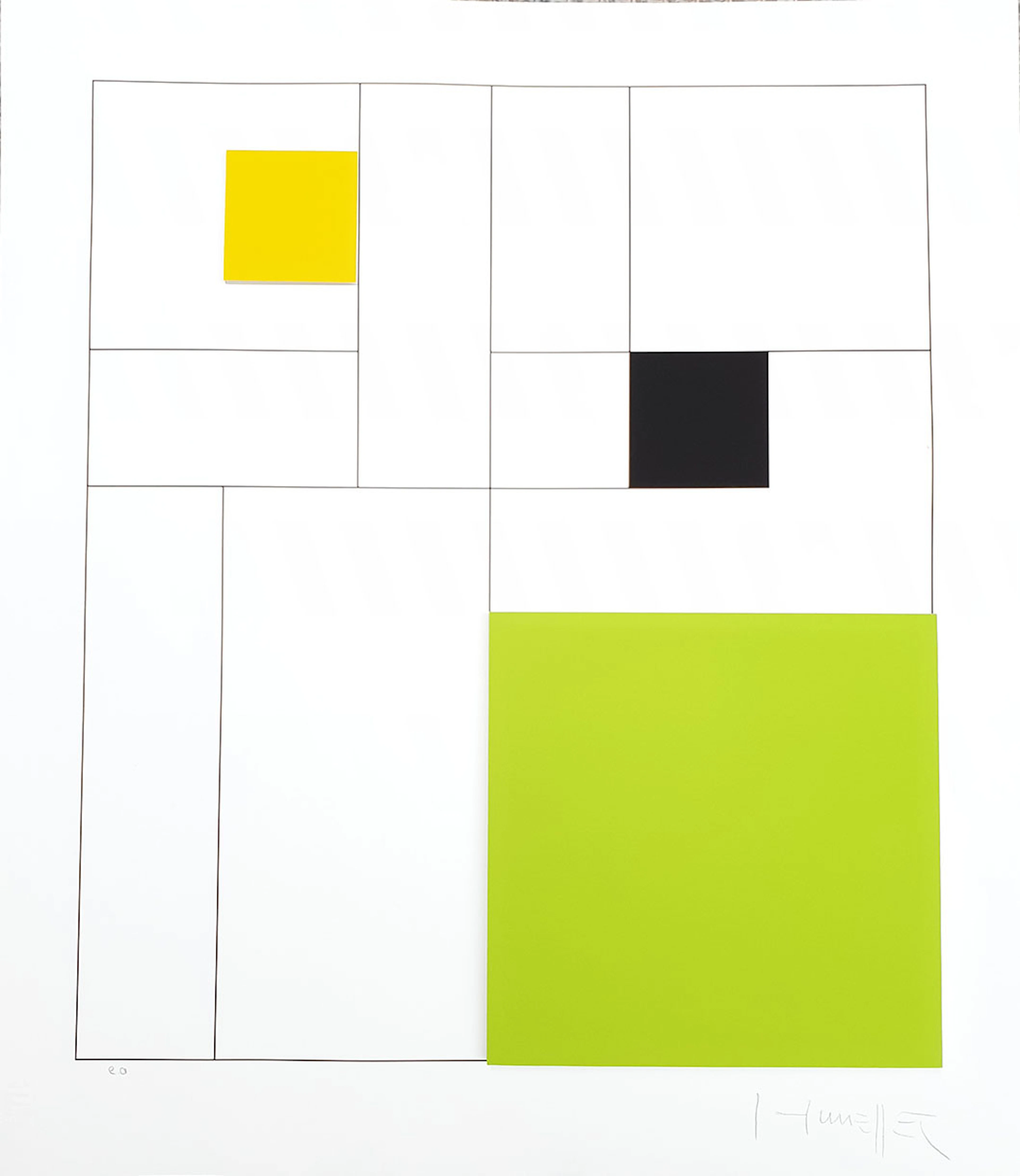 Gottfried HONEGGER - Composition 3 carrés 3D (vert, noir, jaune)