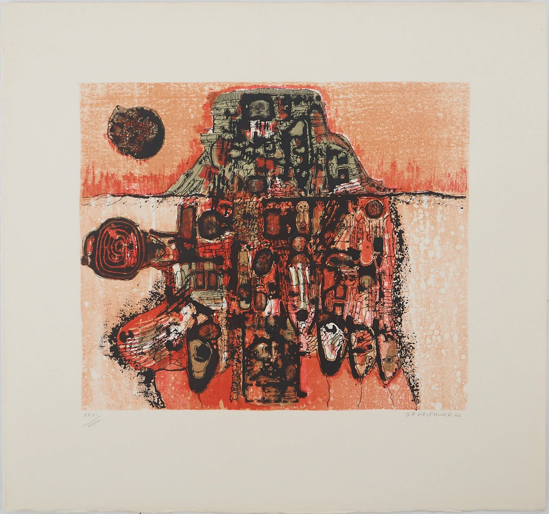 Jean-Pierre VIELFAURE : Petit paysage rouge, Lithographie originale signée