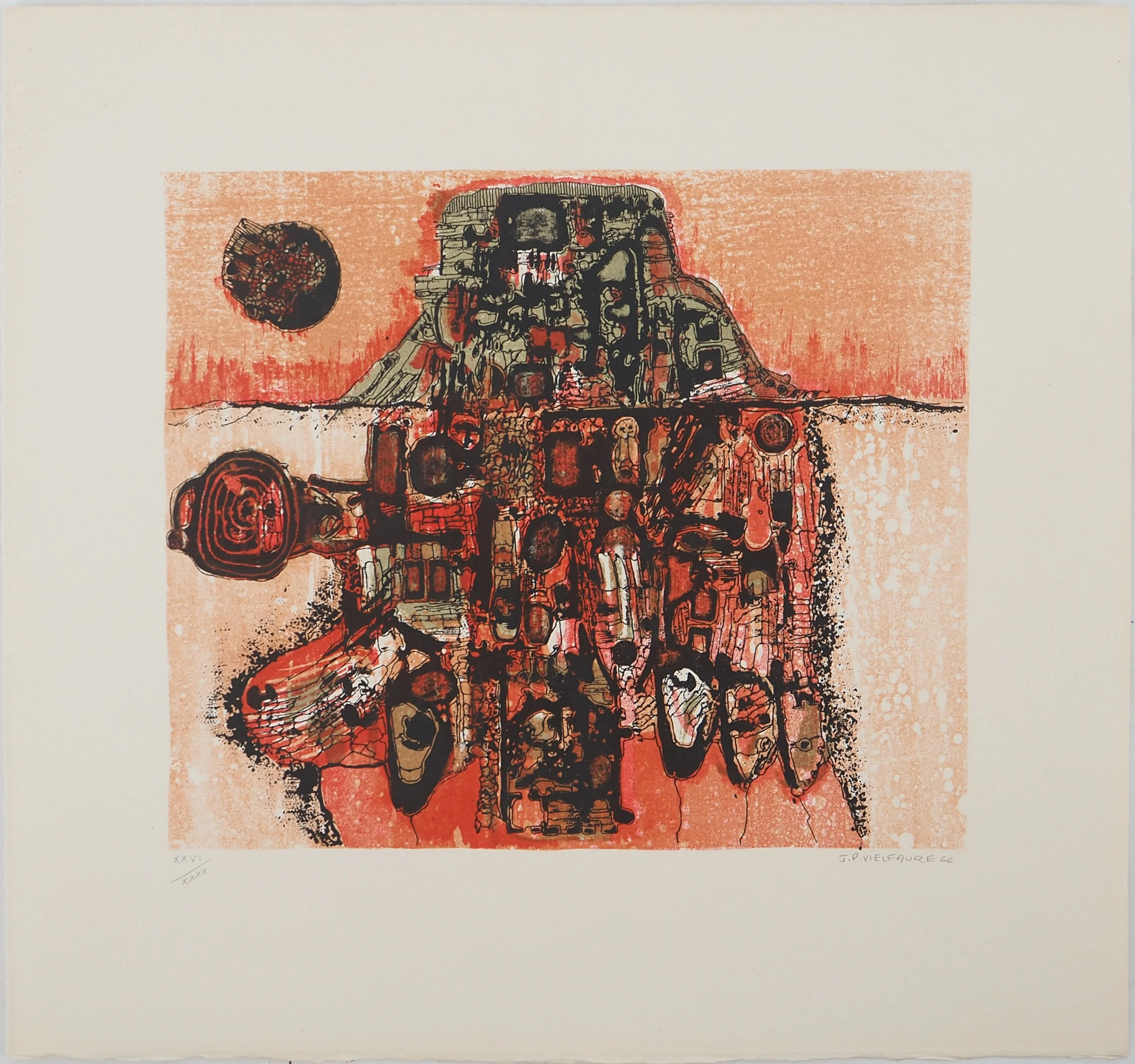 Jean-Pierre VIELFAURE : Petit paysage rouge, Lithographie originale signée