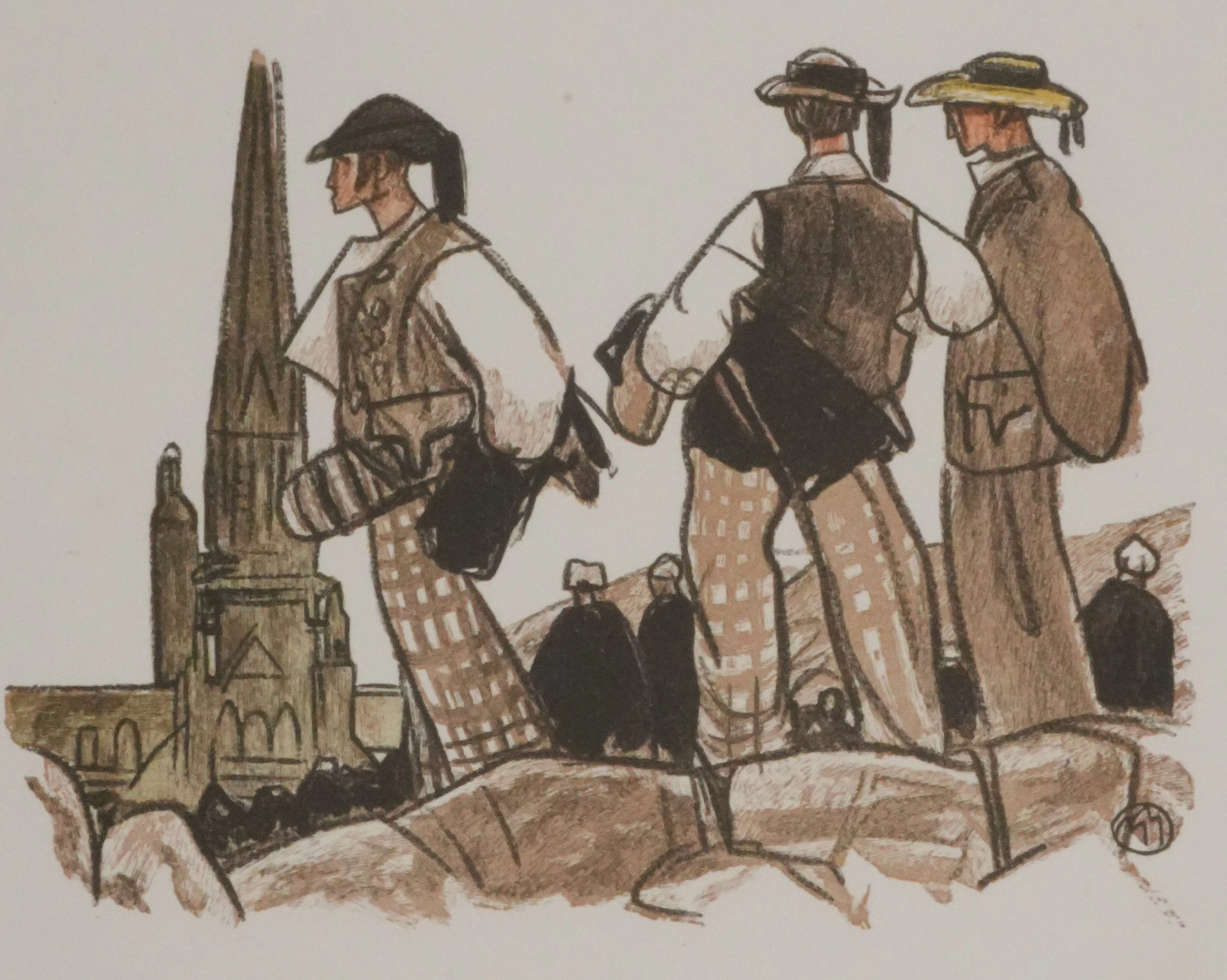 Mathurin MEHEUT : Bretagne, Les trois bretons, Gravure originale signée