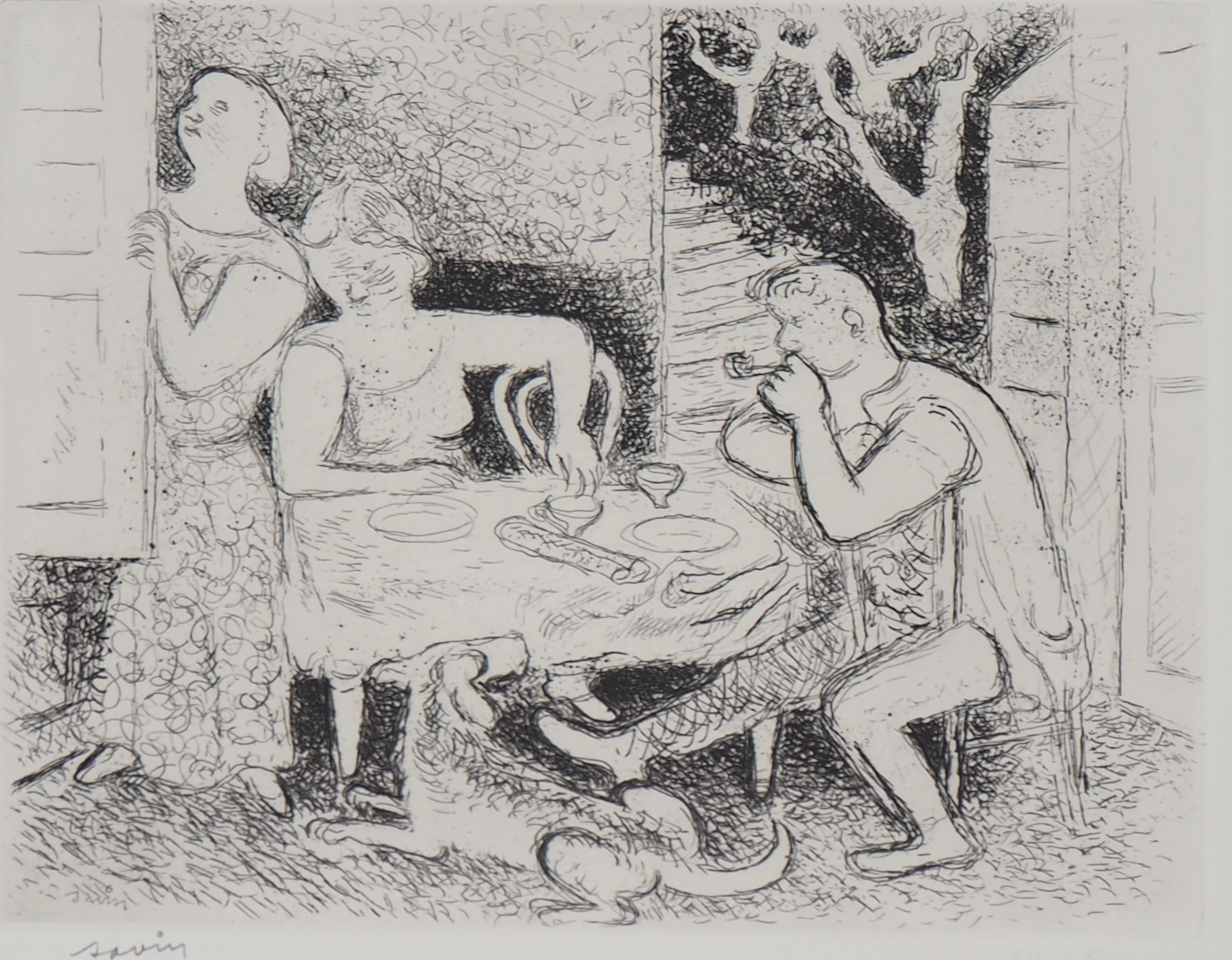 Maurice SAVIN - Déjeuner dominical , 1949 - Gravure originale signée