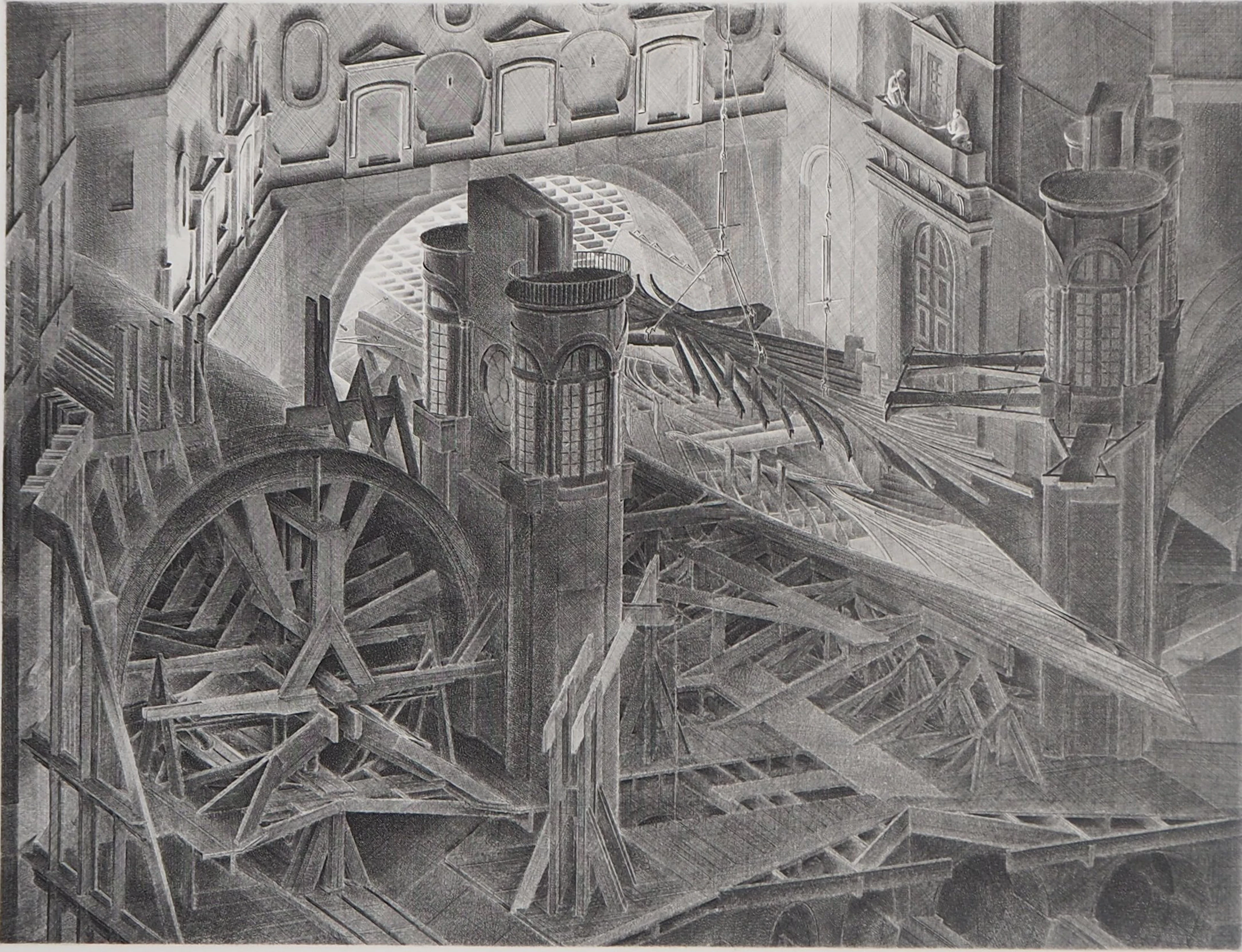 Jacques Muron - Chantier naval fantastique - Gravure originale signée