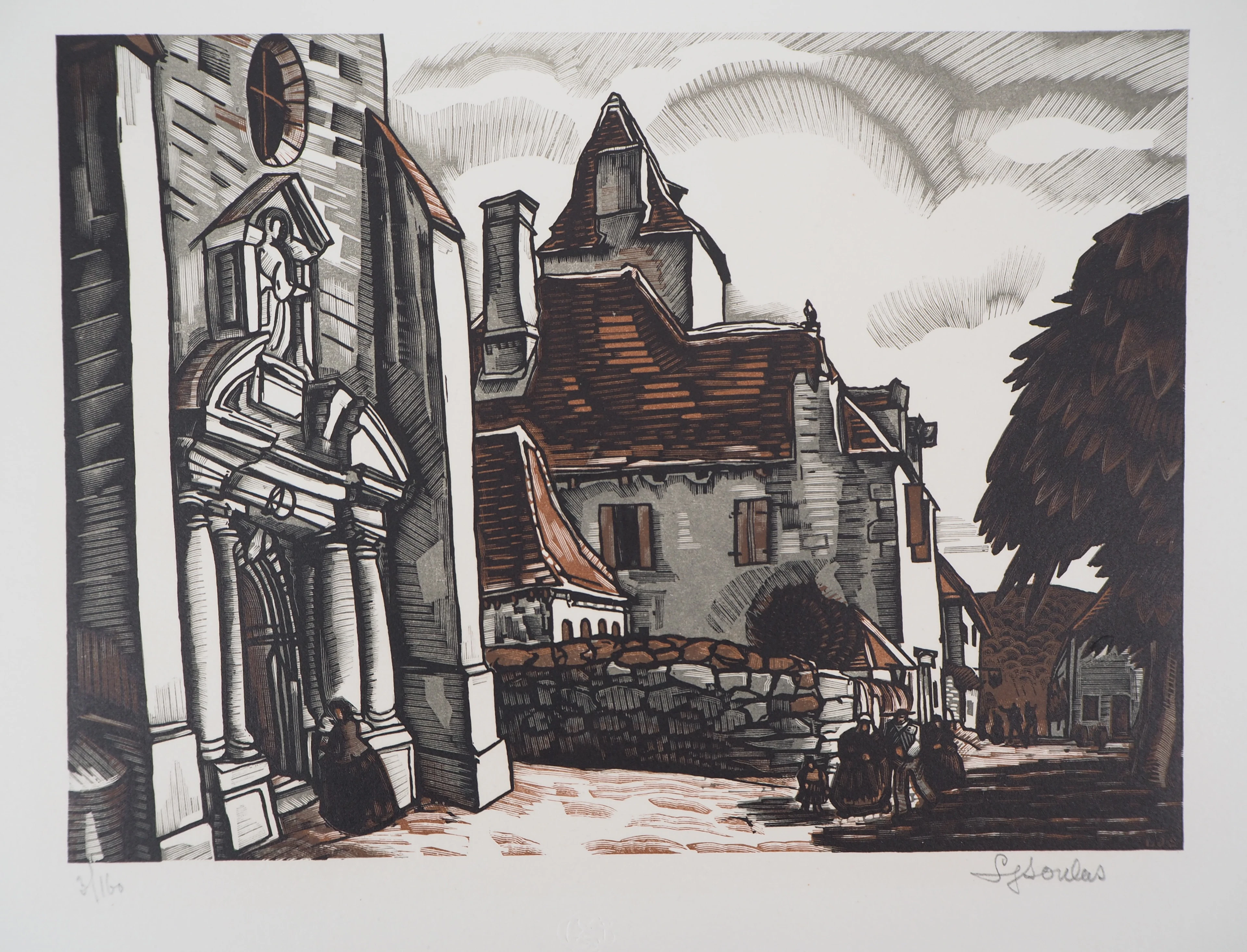 Louis SOULAS : Dordogne, la Place à Domme - 1928 - Bois gravé original signé