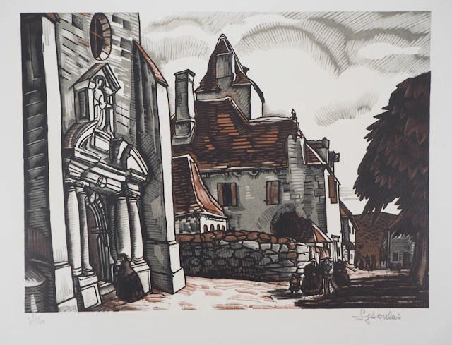 Louis SOULAS : Dordogne, la Place à Domme - 1928 - Bois gravé original signé