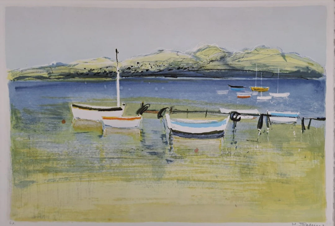 Michel Jouenne - Bateaux à marée basse - Lithographie originale signée
