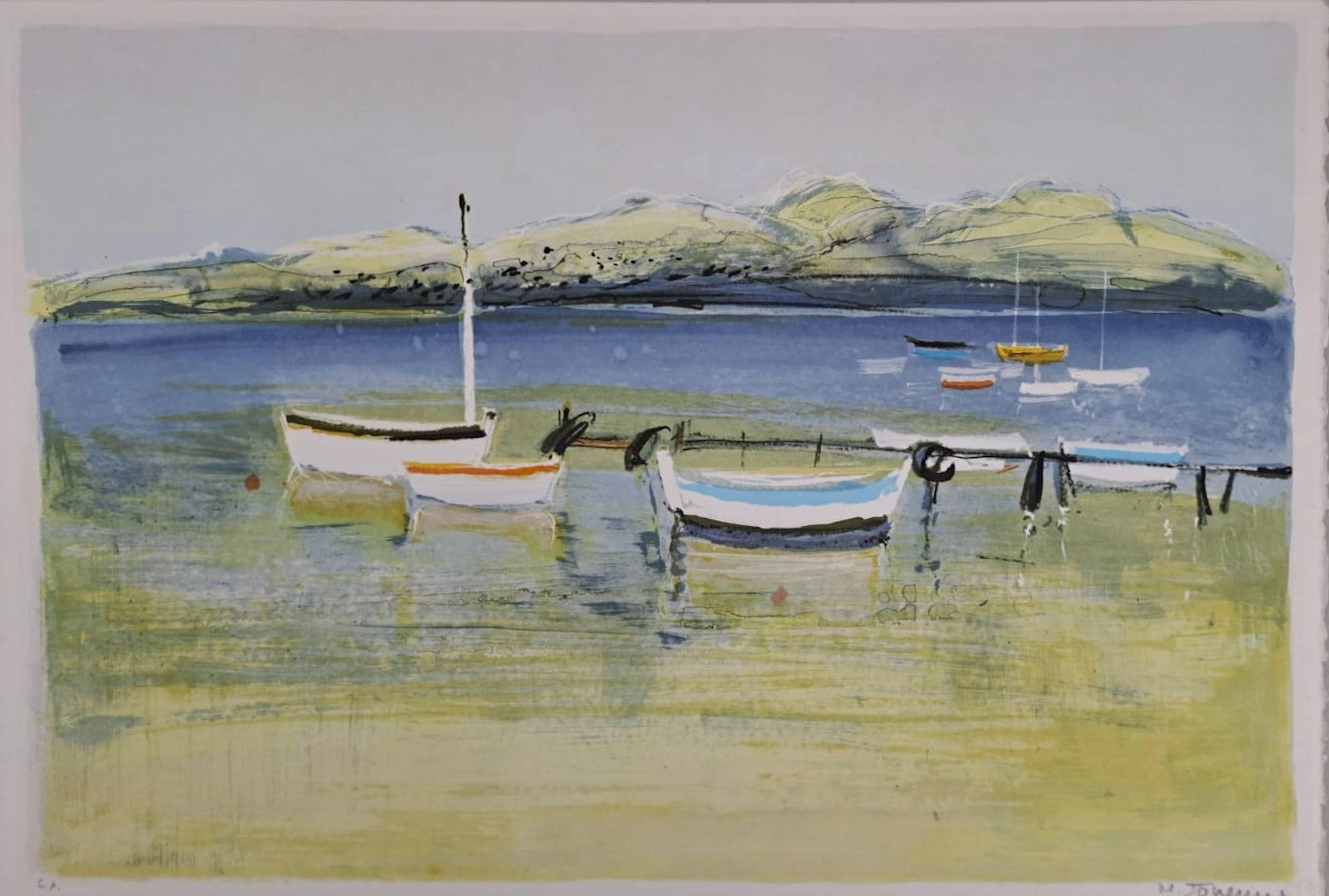 Michel Jouenne - Bateaux à marée basse - Lithographie originale signée