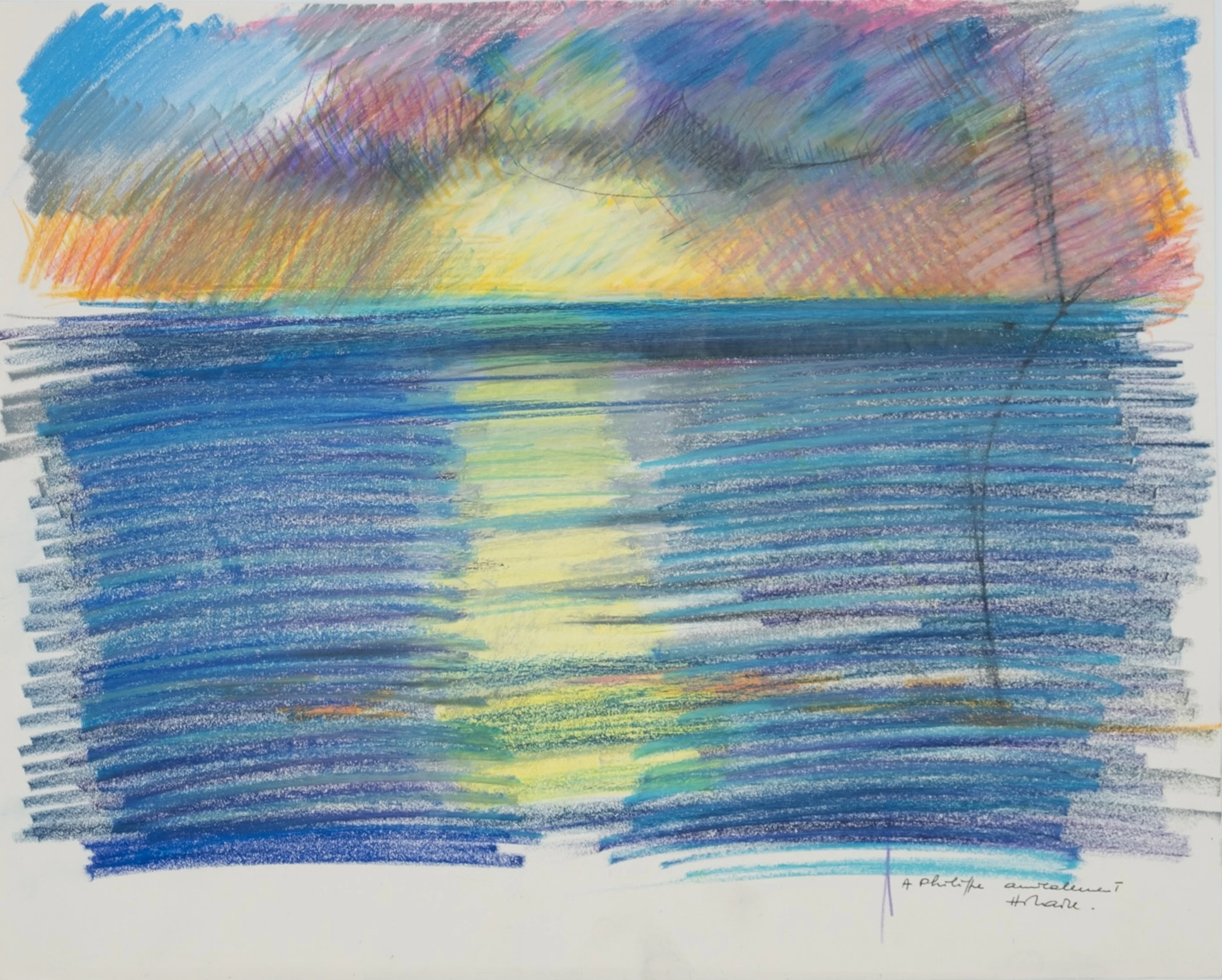 Camille HILAIRE : Le soir sur la mer - Pastel signé et dédicacé