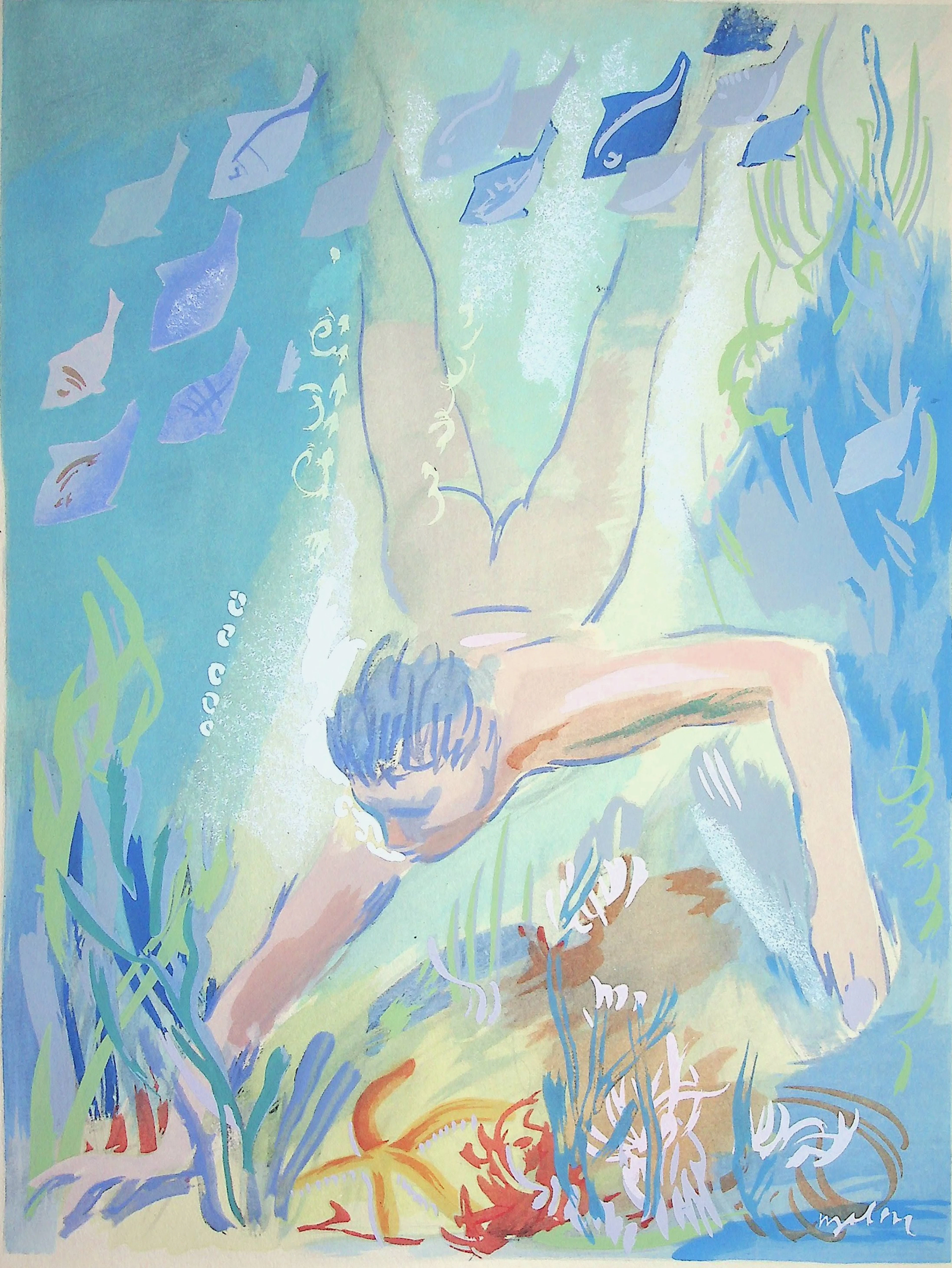 Milivoj UZELAC - Natation : le Plongée - Lithographie originale signée
