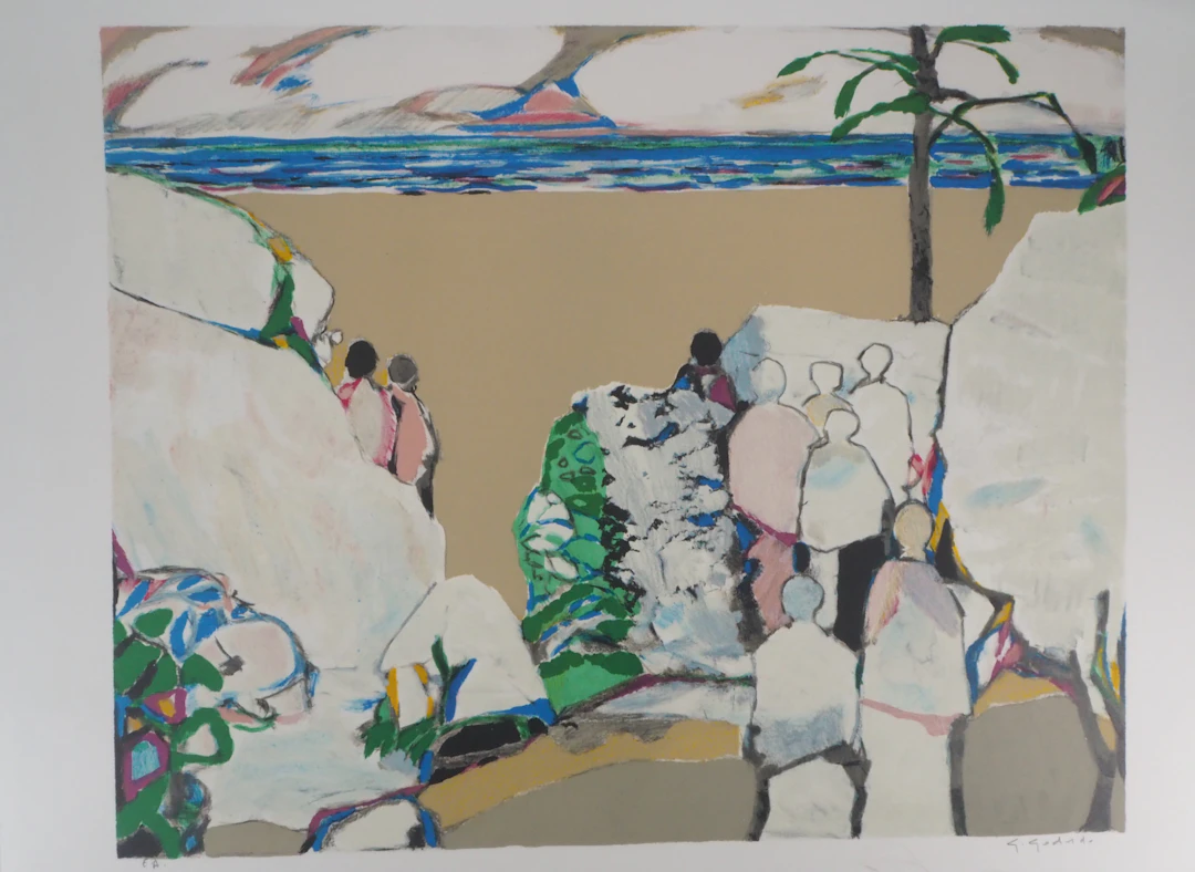 Gabriel GODARD : Cortège sur la plage - Lithographie originale signée