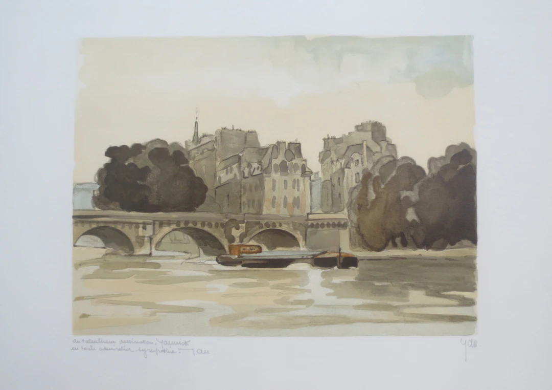 Robert YAN - Le Pont Neuf, Place Dauphine - Lithographie signée et dédicacée