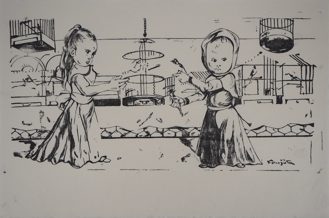 Léonard Tsuguharu FOUJITA : Enfants jouant avec des oiseaux - Bois gravé signé