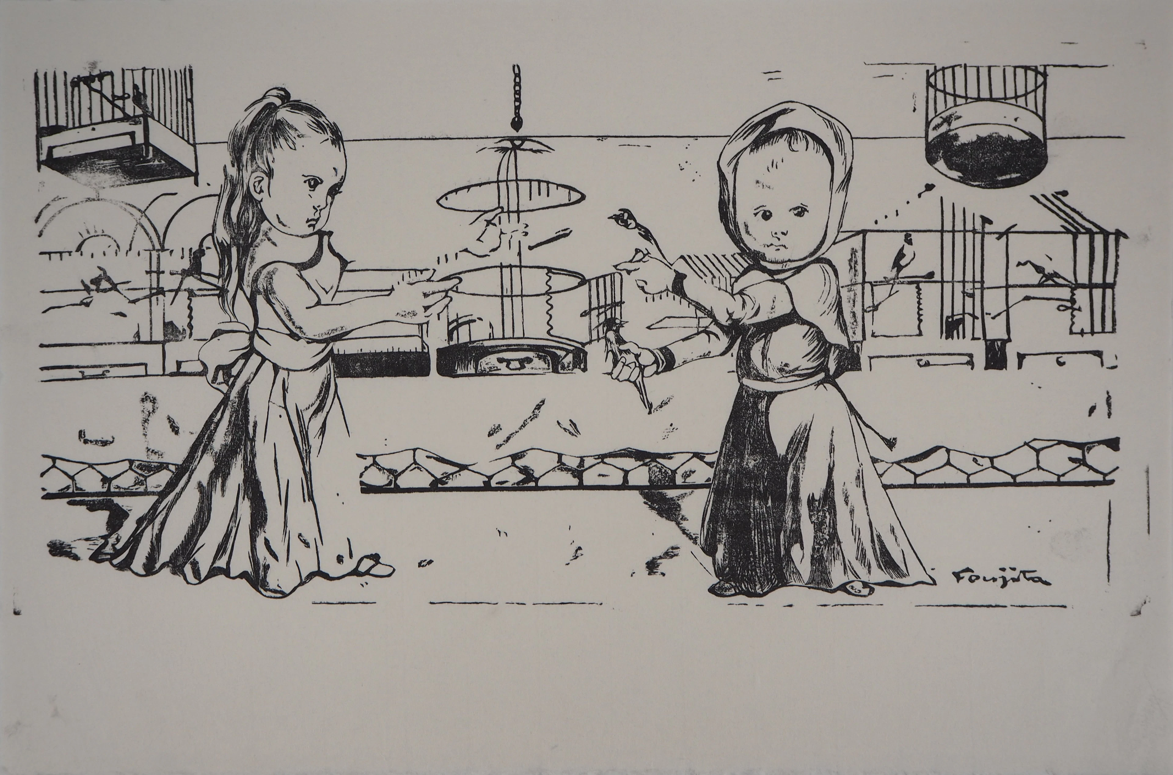 Léonard Tsuguharu FOUJITA : Enfants jouant avec des oiseaux - Bois gravé signé