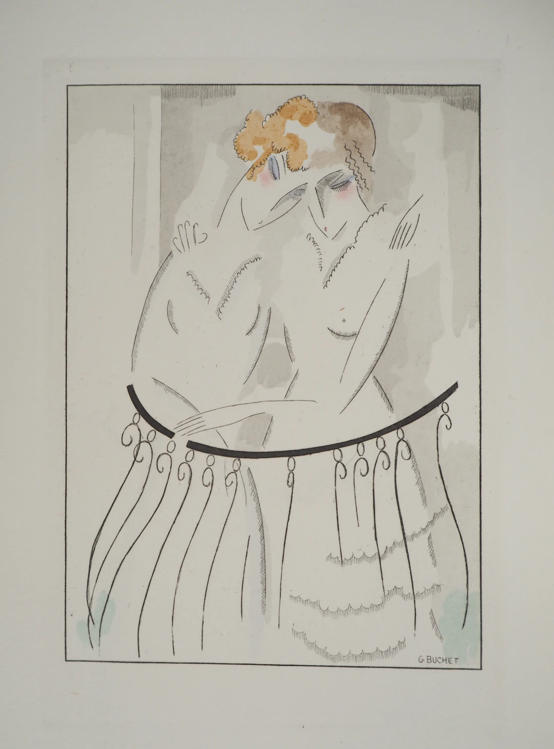 Gustave BUCHET : Les jeunes filles au balcon, Gravure originale et