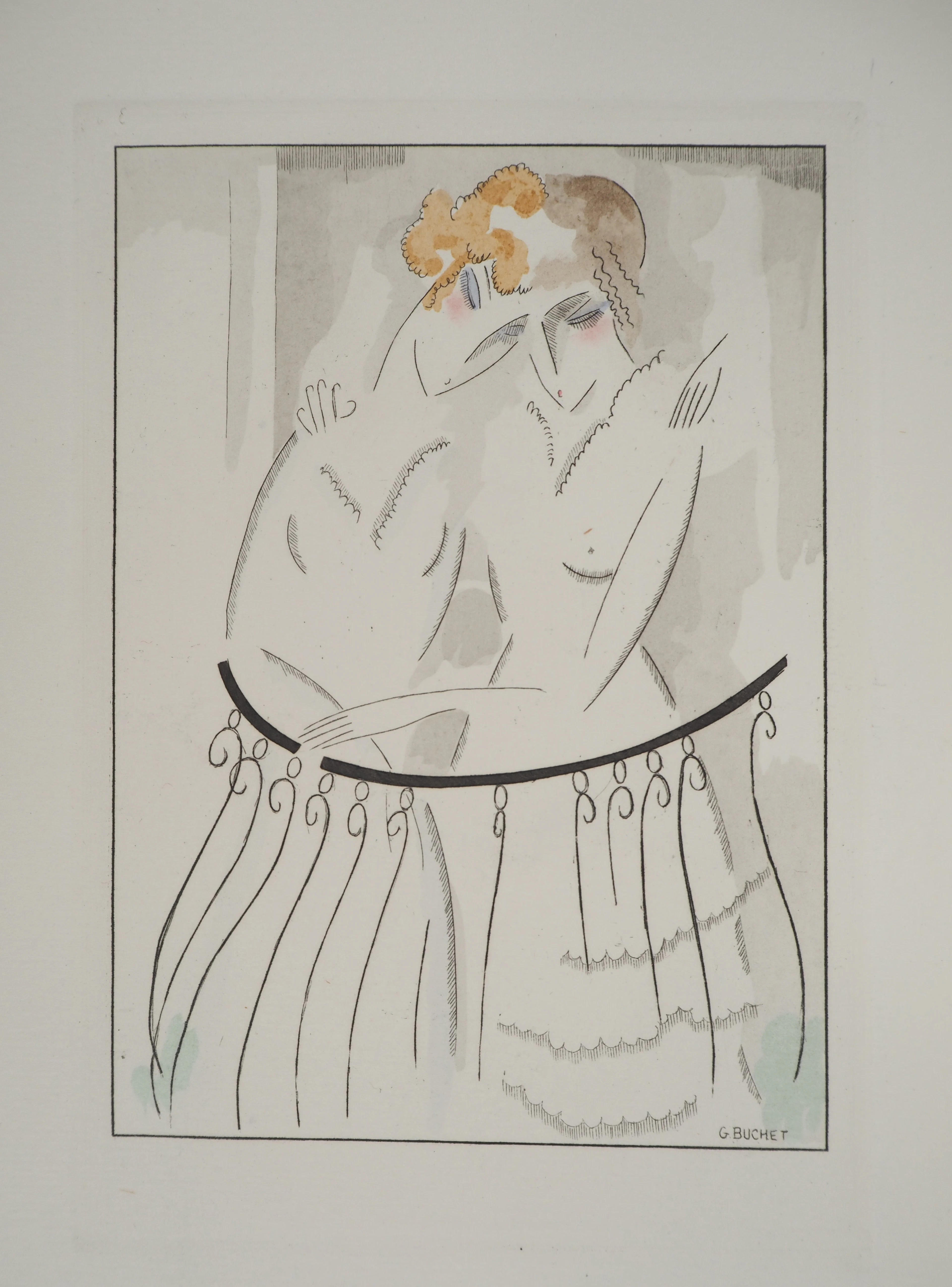 Gustave BUCHET : Les jeunes filles au balcon, Gravure originale et