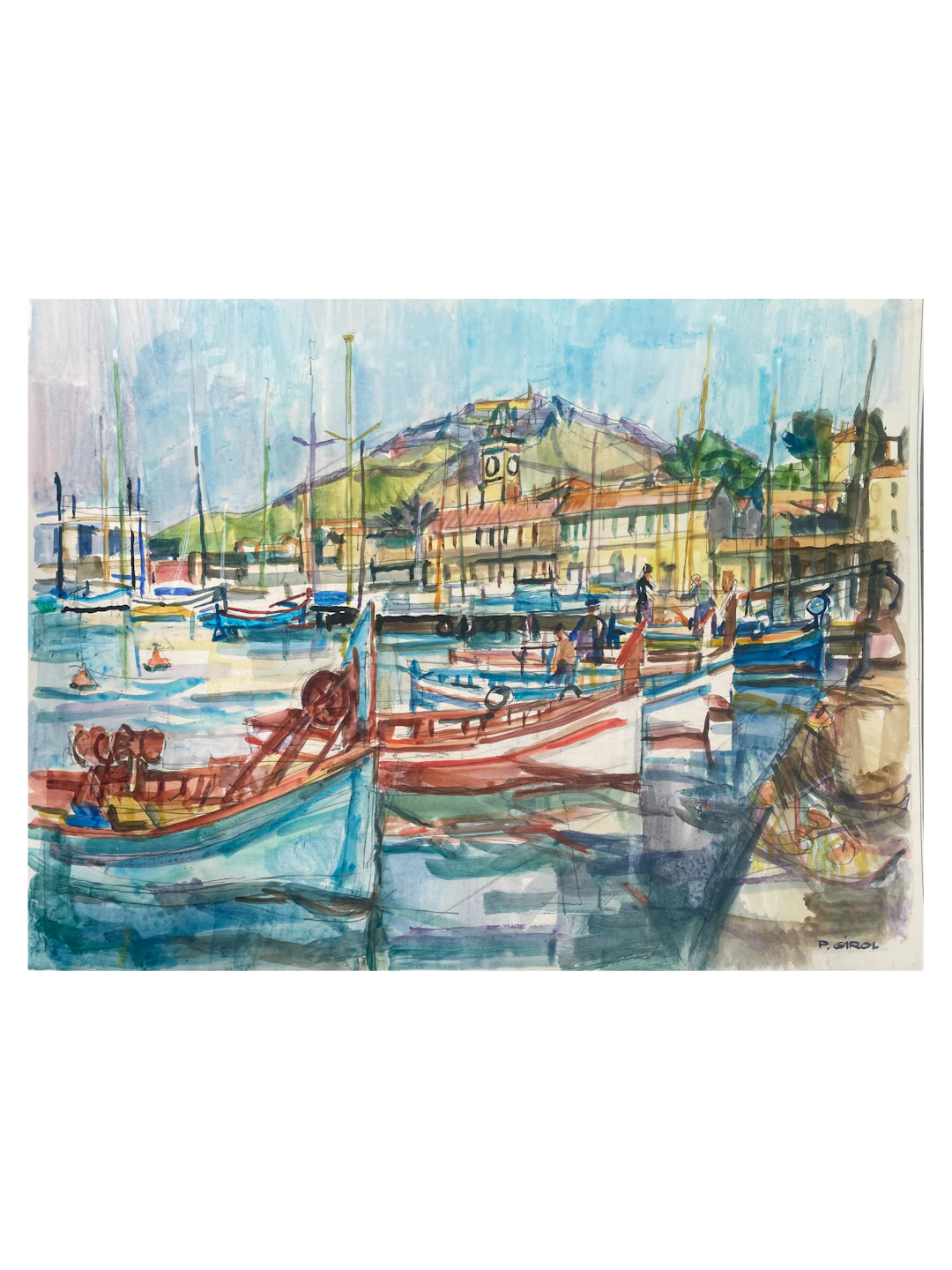 Paul Girol . Le port de pêche . Aquarelle . 1955