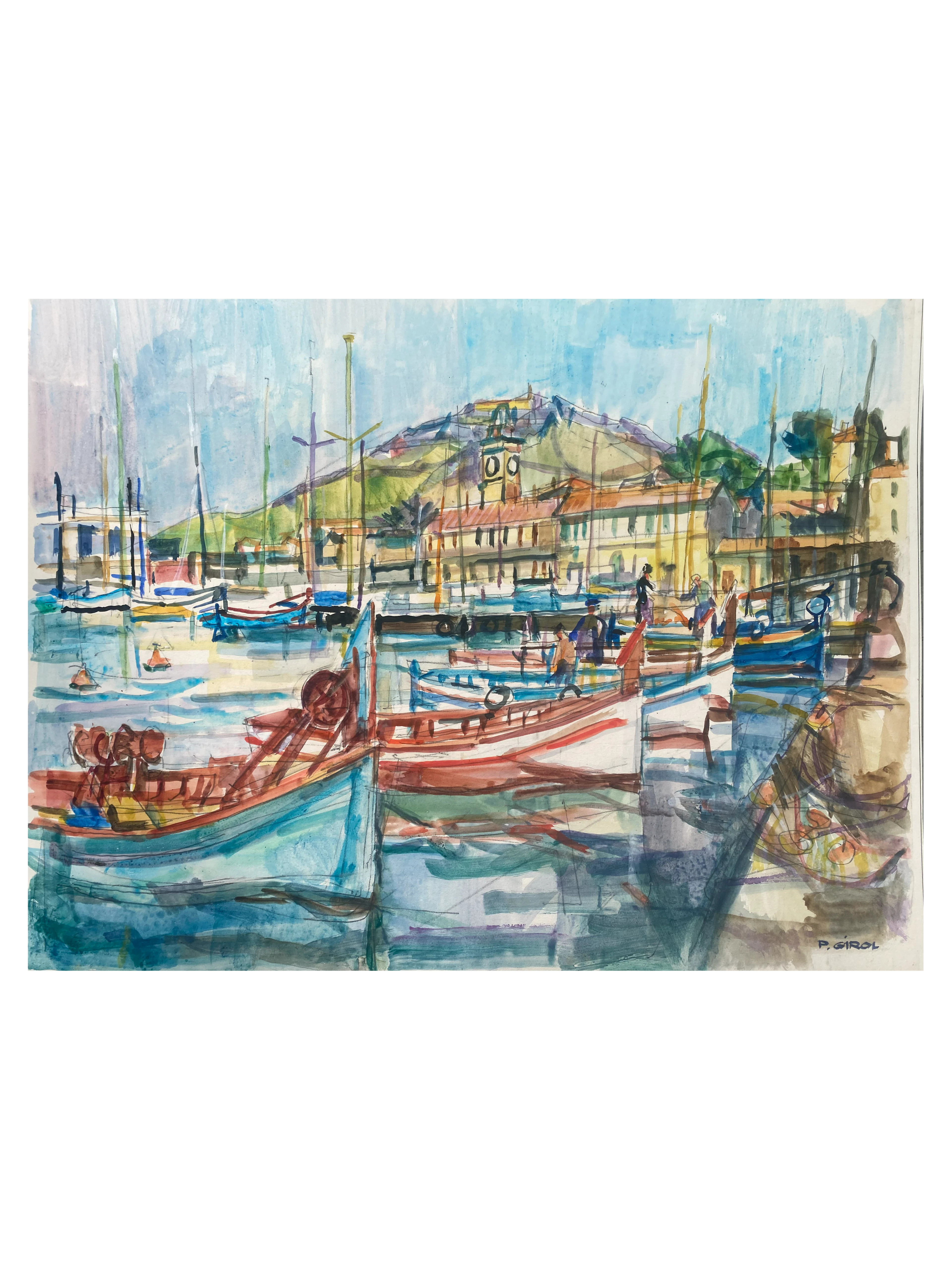 Paul Girol . Le port de pêche . Aquarelle . 1955