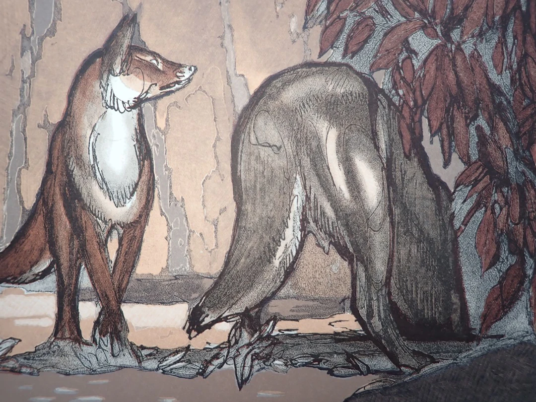 Paul JOUVE - Le renard et le loup sous les châtaigniers - Gravure sur bois