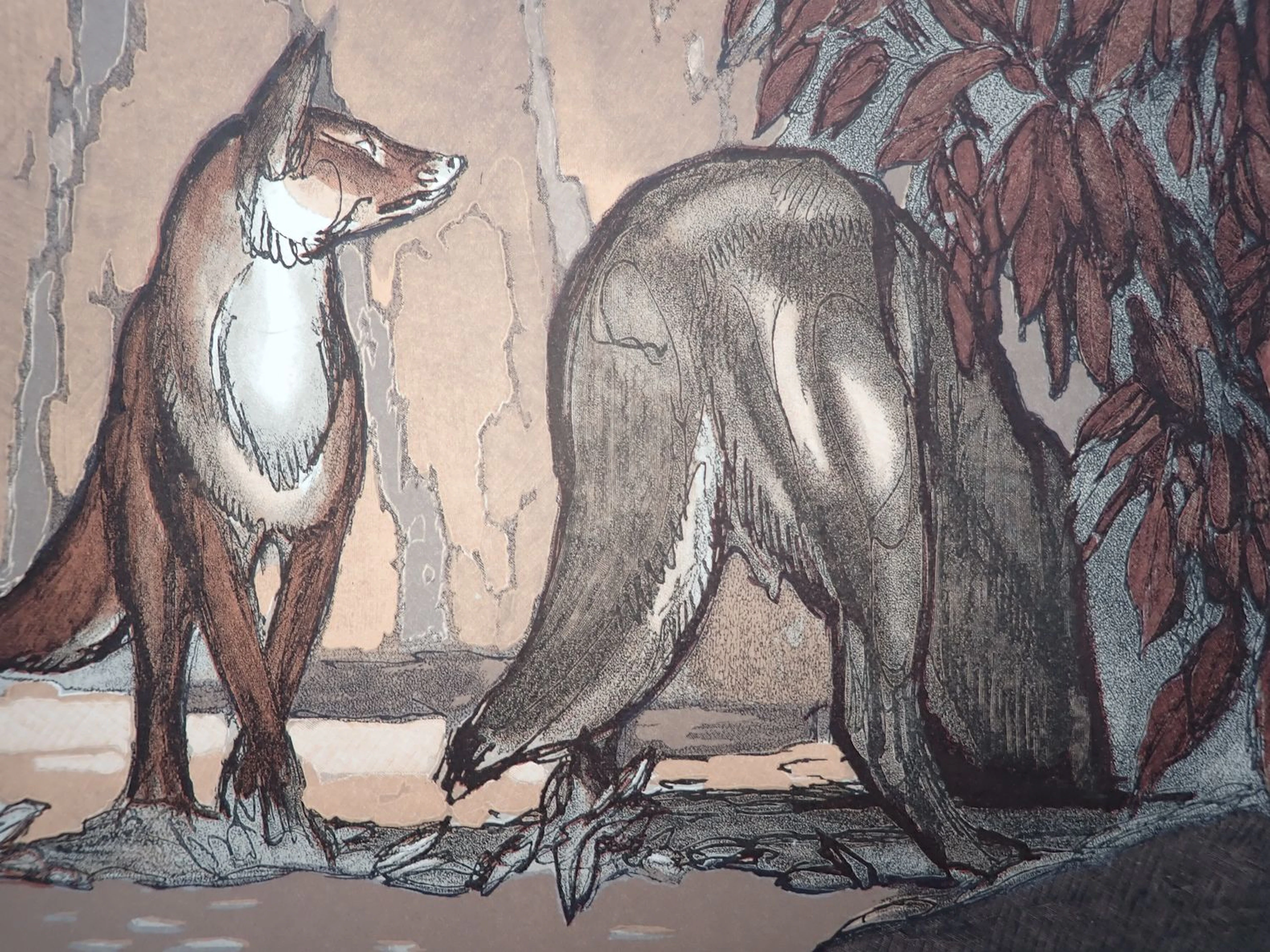 Paul JOUVE - Le renard et le loup sous les châtaigniers - Gravure sur bois