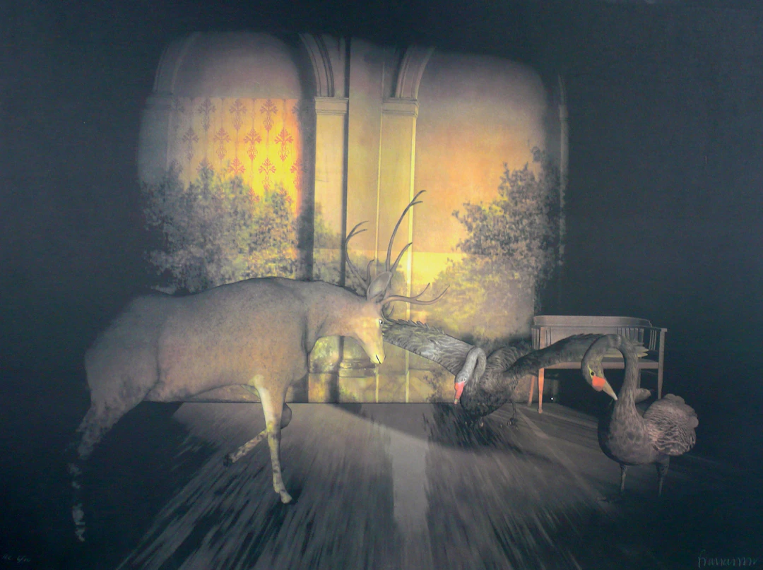 Francisco LARIOS - Cerf et oies, 1990, Lithographie signée