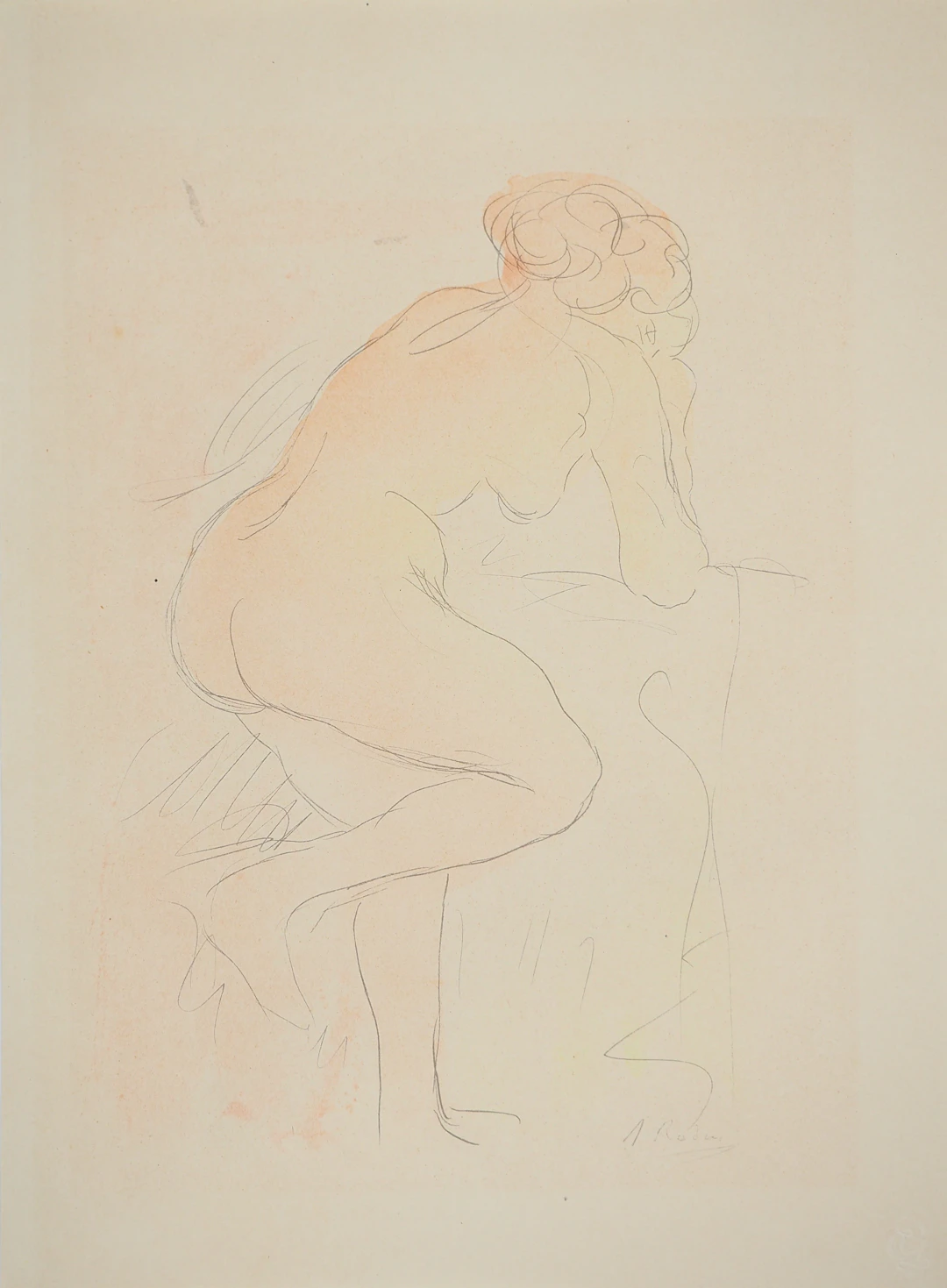 Auguste RODIN : Nu appuyé sur un fauteuil, Lithographie et pochoir signé
