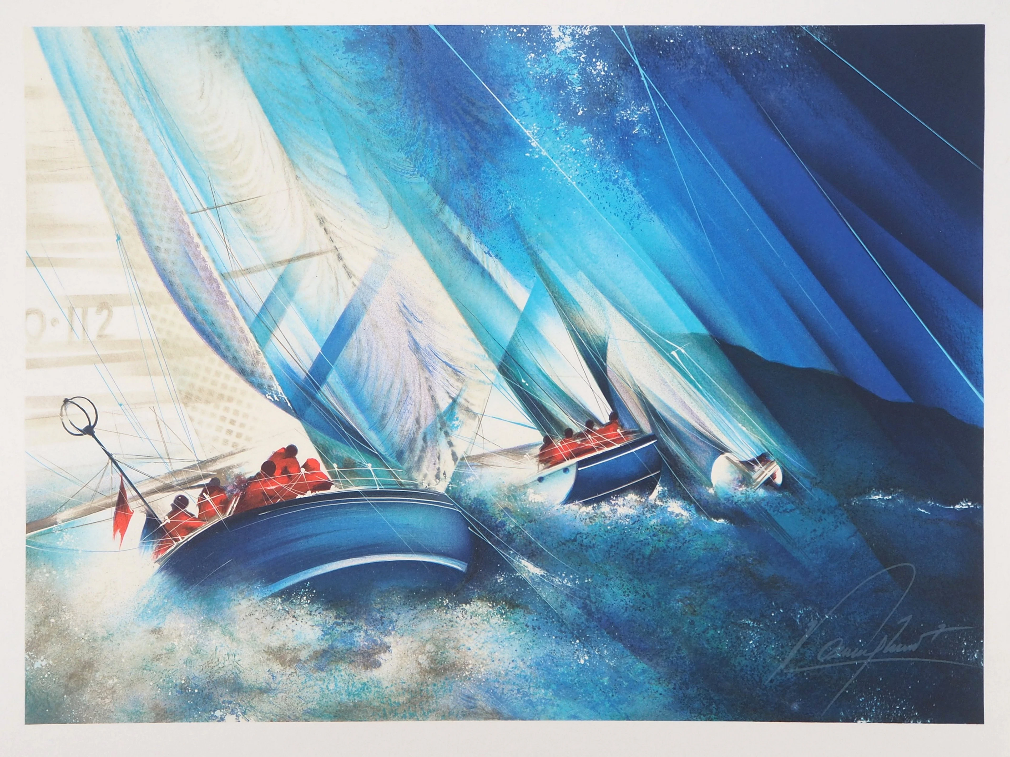 Raymond POULET : Les marins pêcheurs contre l’orage - Lithographie