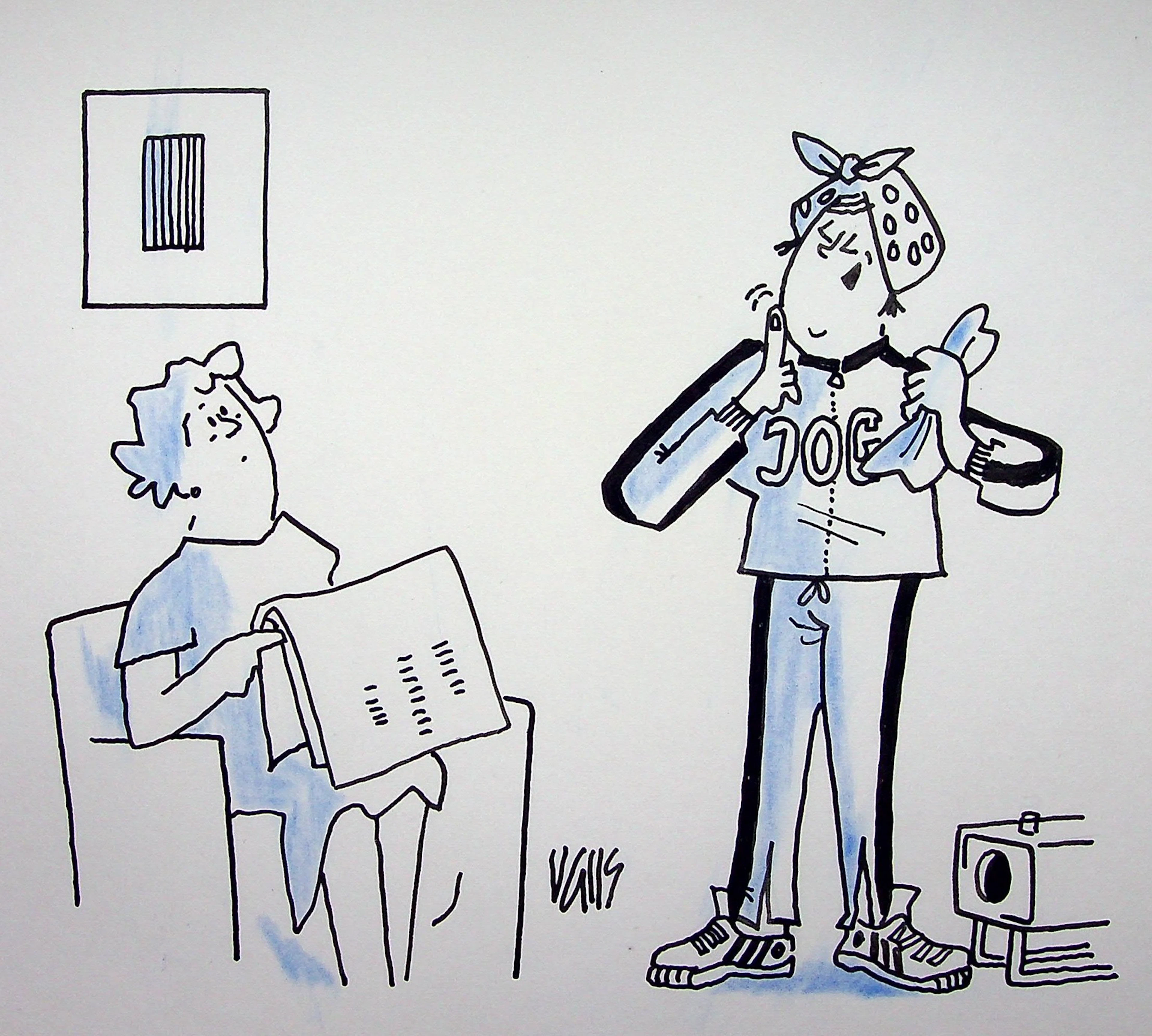 Guy VALLS : Femme de ménage, le jogging - Dessin original signé