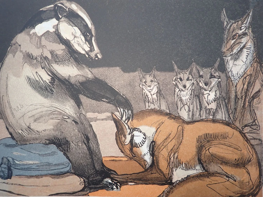 Paul JOUVE - Le blaireau et le renard - Gravure sur bois