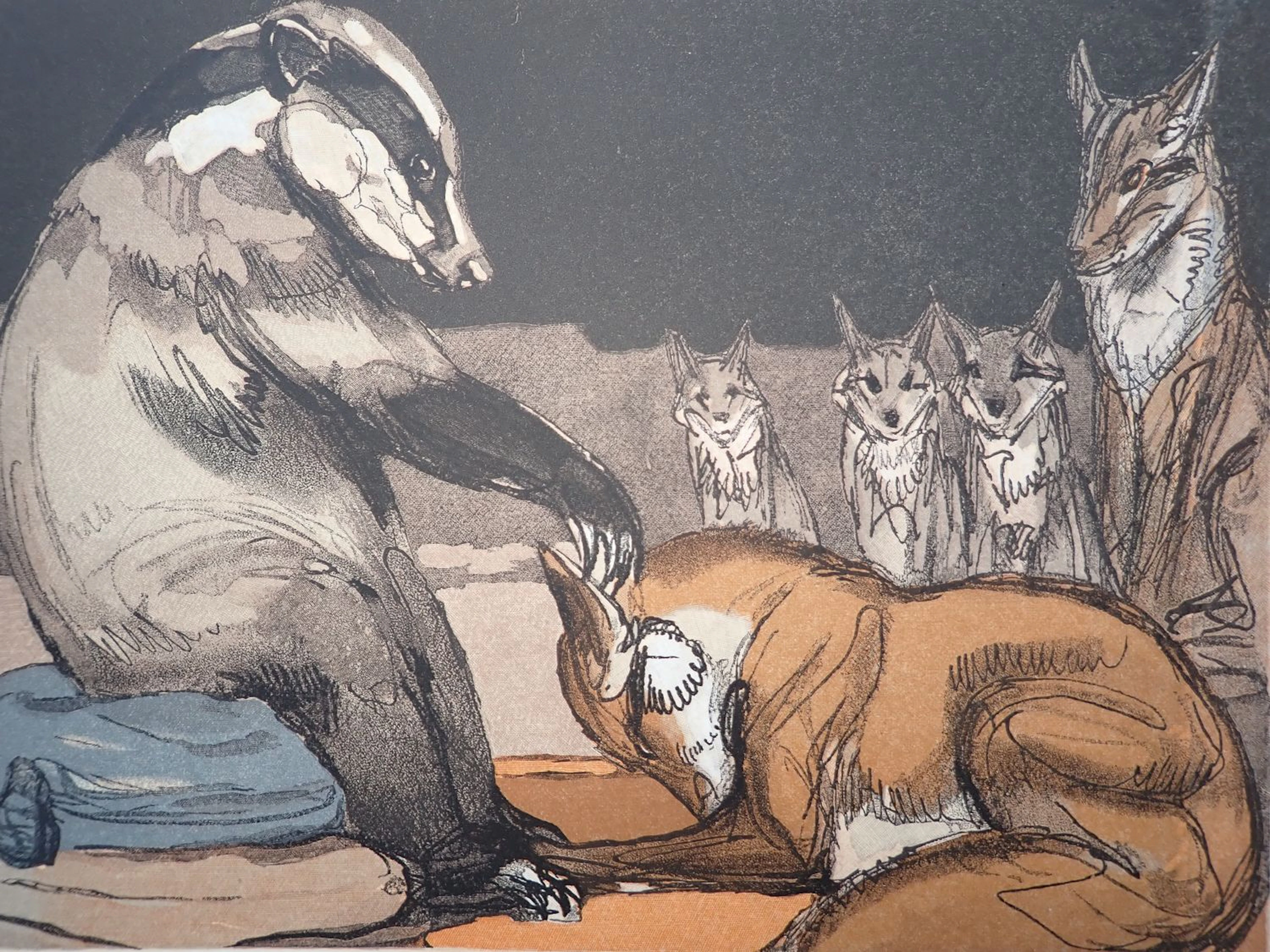 Paul JOUVE - Le blaireau et le renard - Gravure sur bois