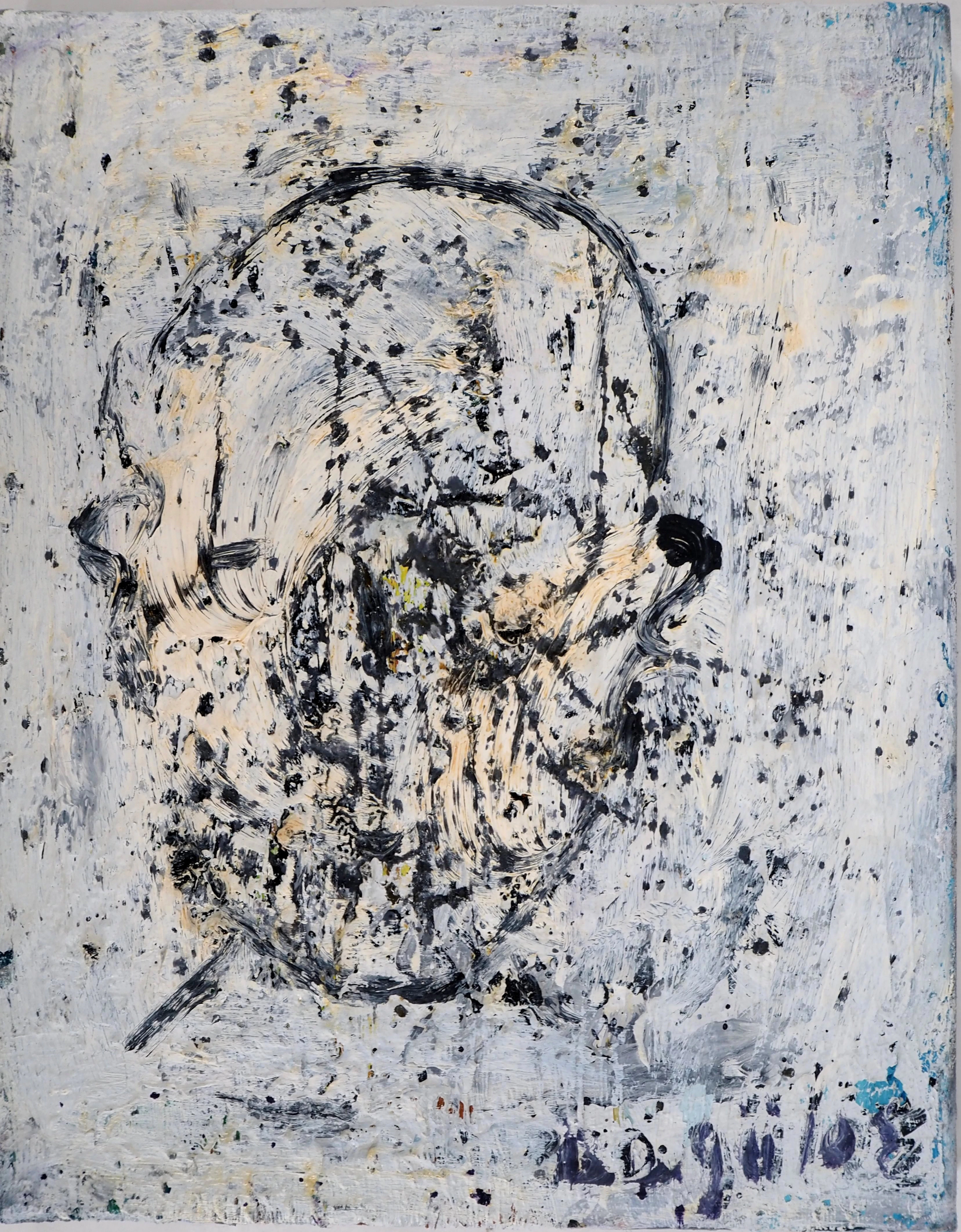 Dyap GULER - Tête expressive en bleu, noir et blanc - Technique mixte sur toile