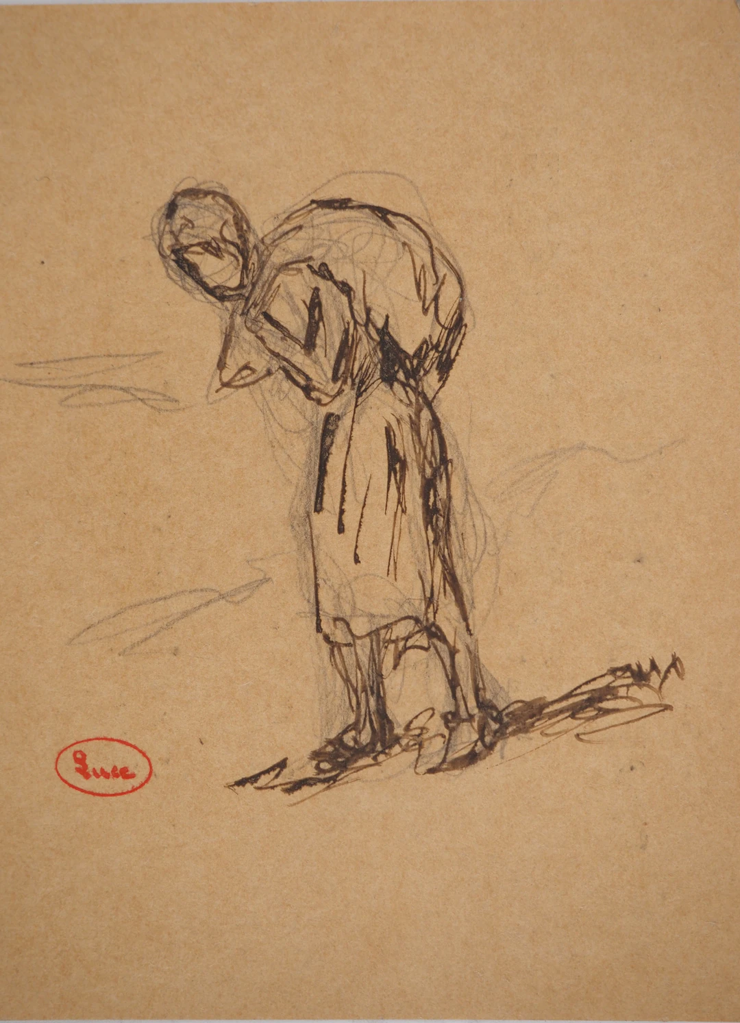 Maximilien LUCE : Femme au baluchon, Dessin original signé