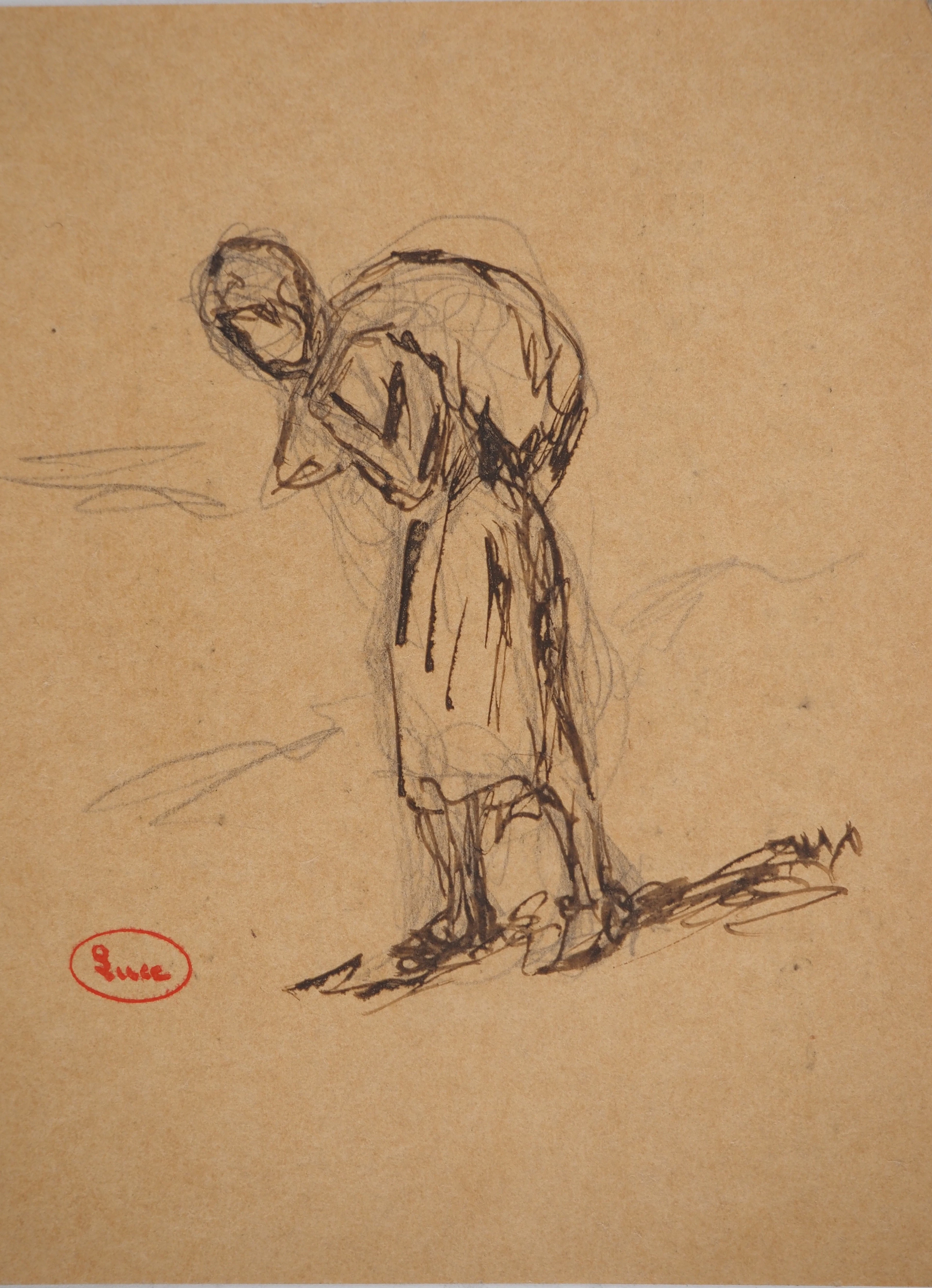 Maximilien LUCE : Femme au baluchon, Dessin original signé