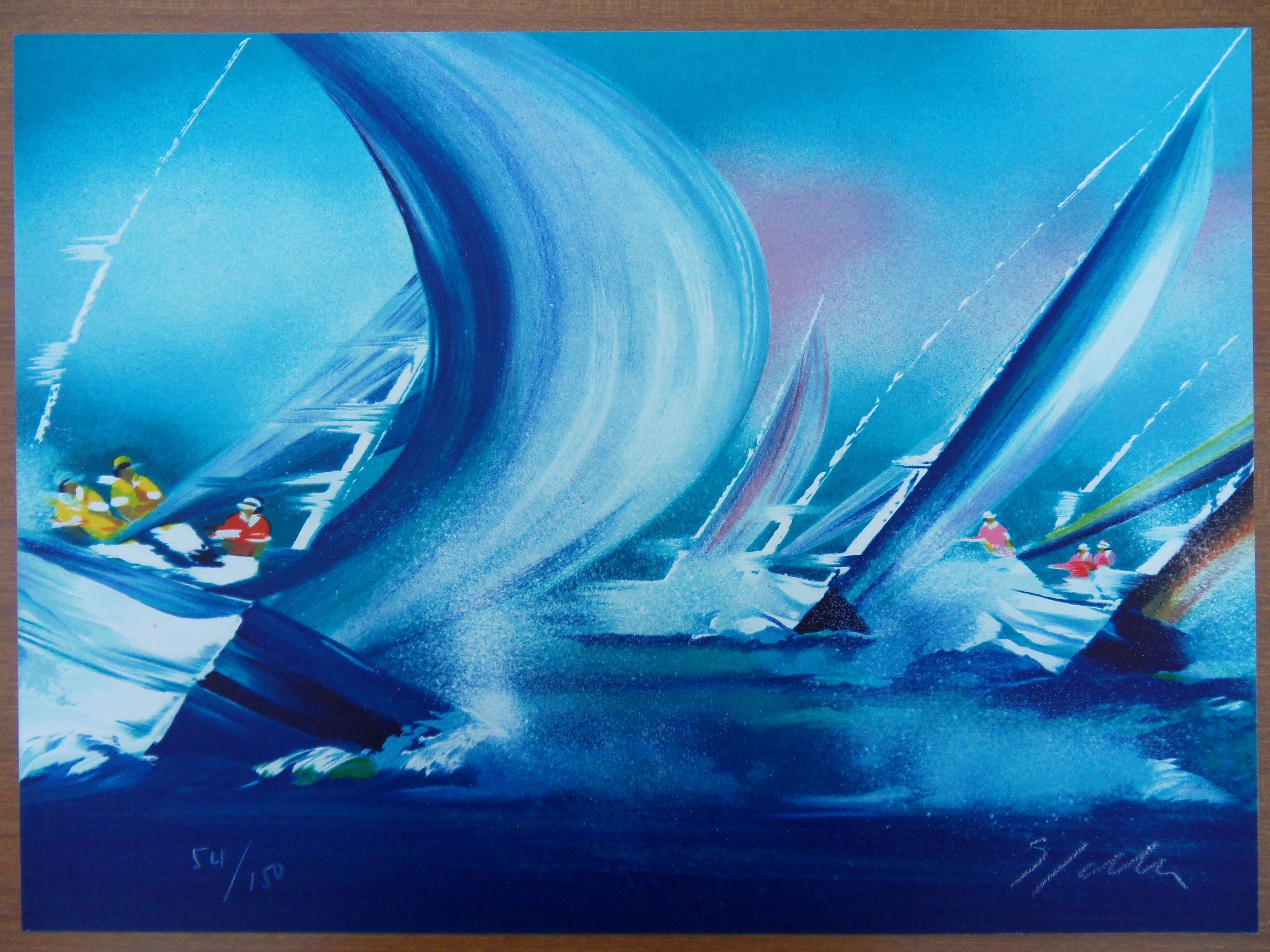 Victor SPAHN : Course de voiliers en tête - Lithographie originale signée