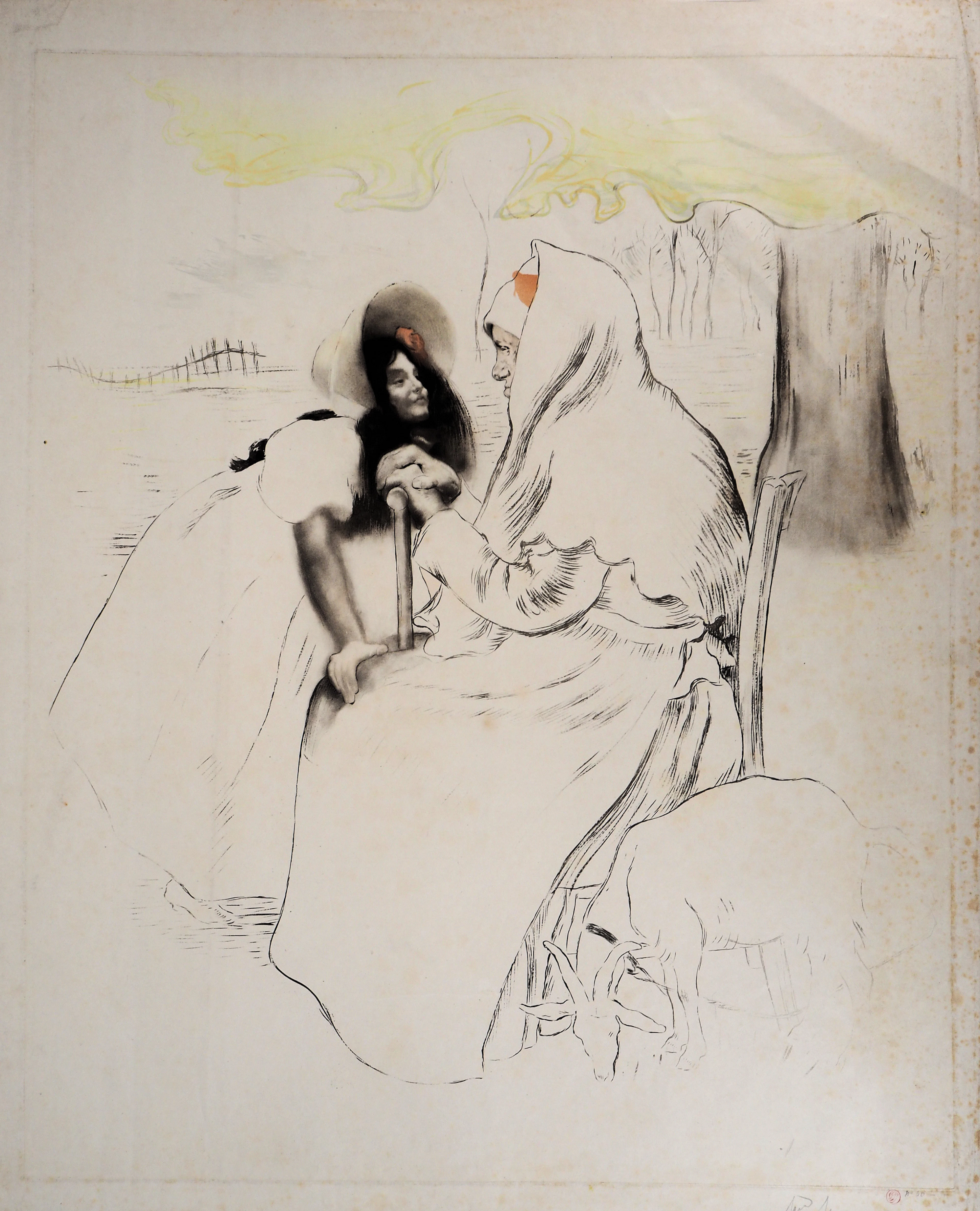 Louis LEGRAND : Grande mère, sa petite fille et une chèvre - Gravure