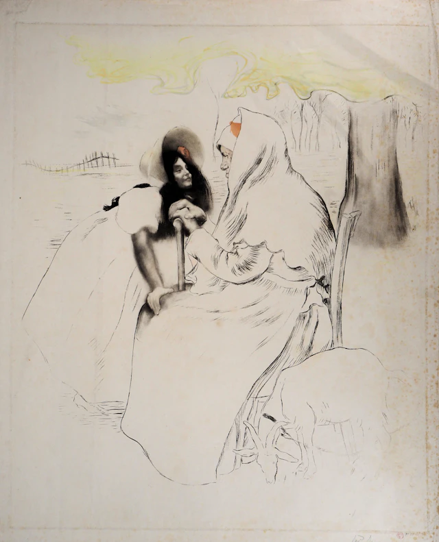 Louis LEGRAND : Grande mère, sa petite fille et une chèvre - Gravure