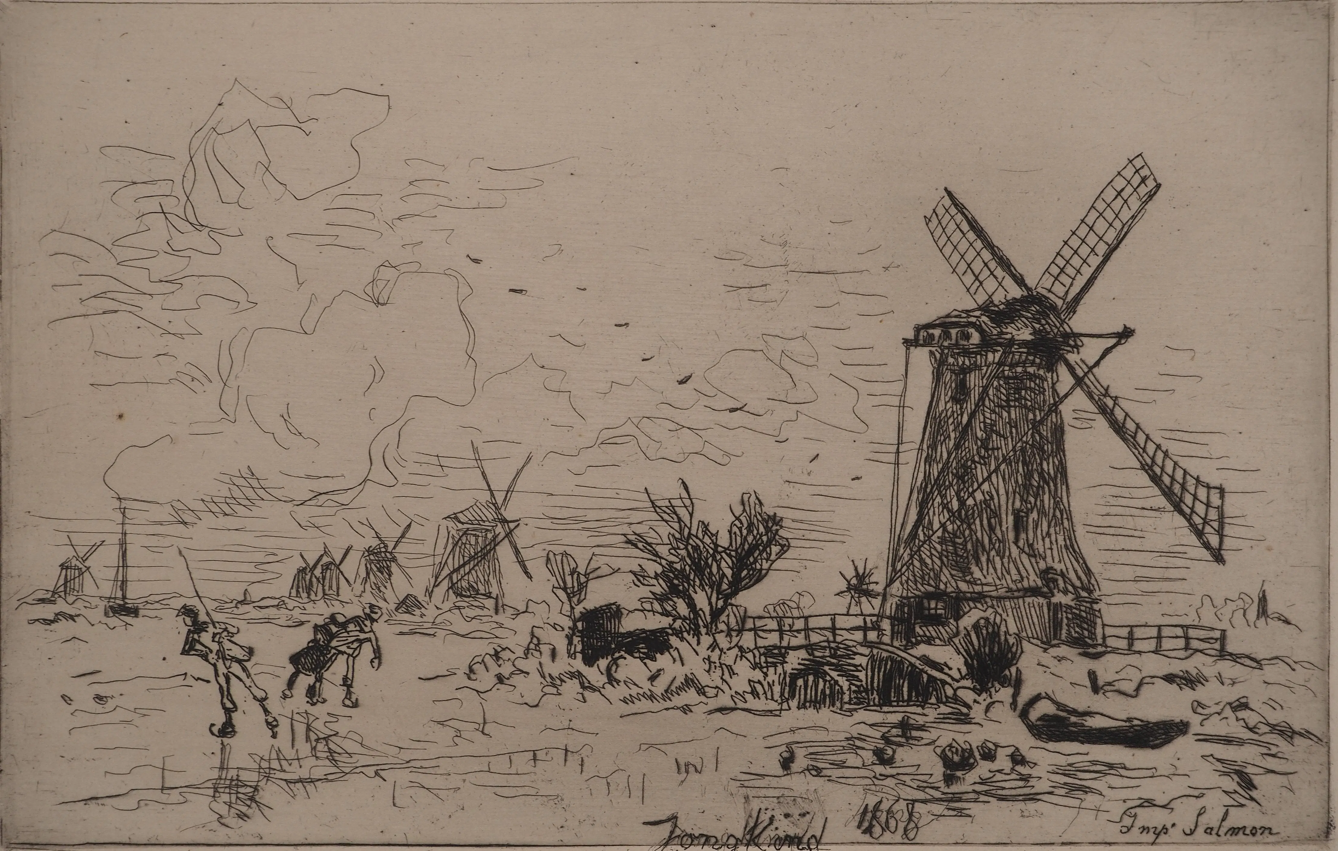 Johan-Barthold JONGKIND : Batavia, Moulins en Hollande, Gravure originale